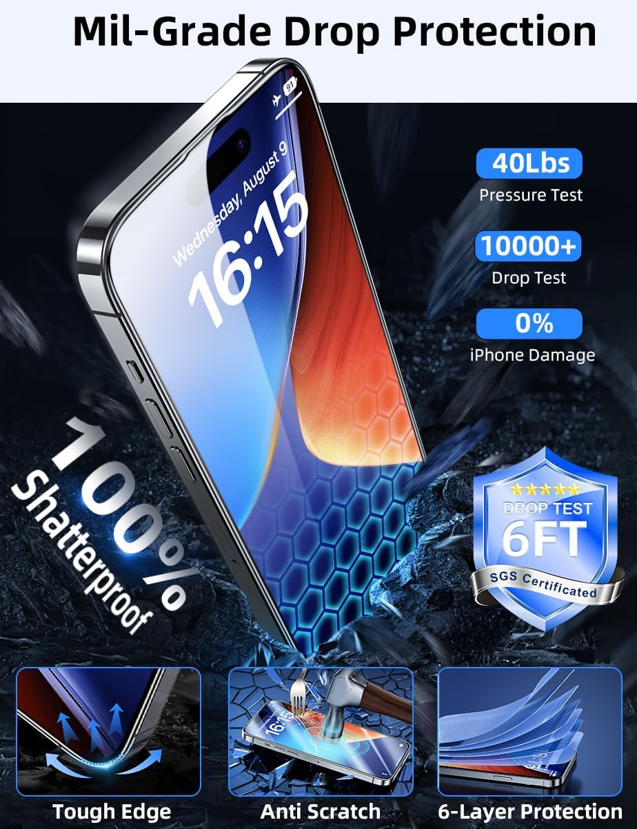 iPhone 15 Plus Screen Protector [6.7 Inch] - 2-Pack Tempered Glass, HD Clear, Anti-Scratch, Full Coverage, Easy Install