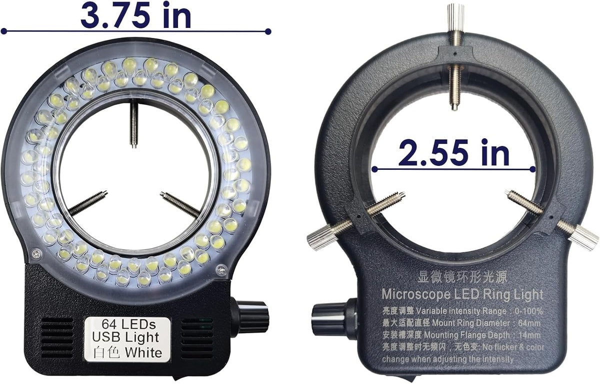 Light Microscope LED Ring Illuminator, Adjustable USB 64 LEDs Ring Light for Lab Stereo Microscope & Camera