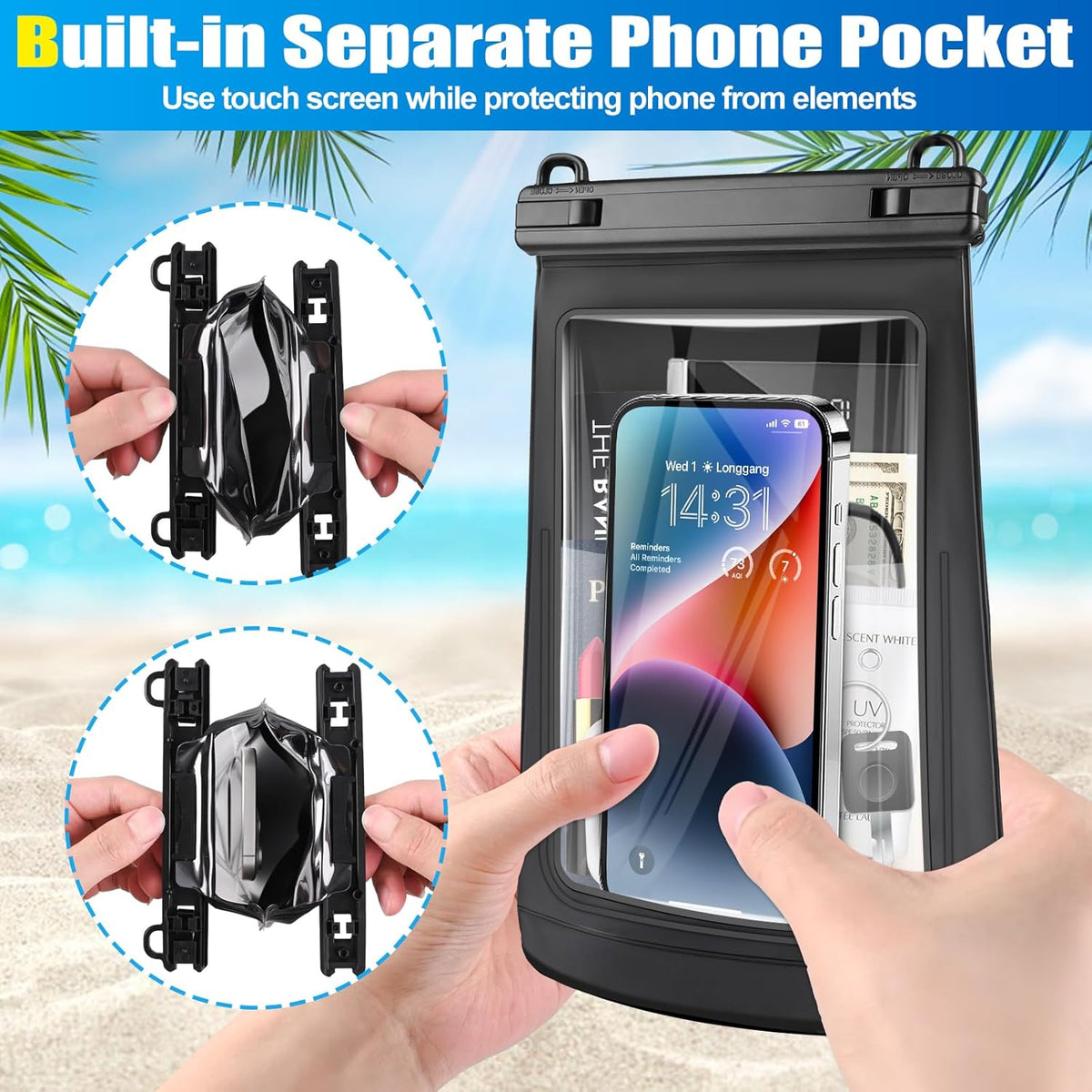 2L Waterproof Phone Pouch for iPhone 16 15 14 11 Pro Max & Galaxy S24 S21 - Floating Large Capacity Dry Bag Stores Sunscreen, Sunglasses - Oversized Waterproof Bag for Beach, Swimming, Kayaking