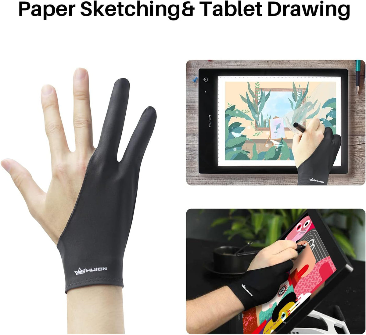 HUION Artist Drawing Glove for Drawing Tablet, Paper Sketching, Art Glove with Two Finger for Right Hand and Left Hand, Reduces Friction, Elastic Lycra, Large Size