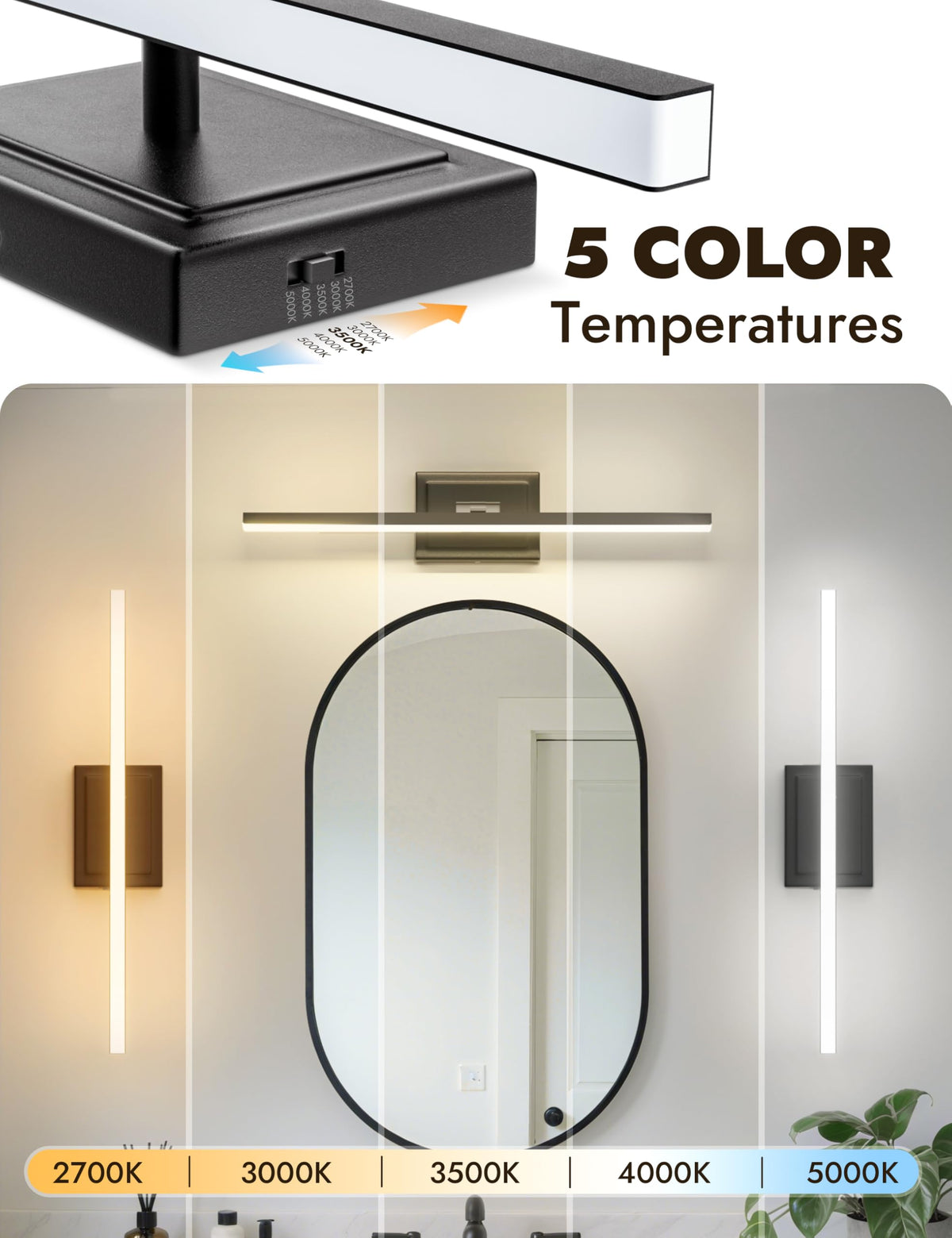 NIORSUN 24 Inch Modern Bathroom Light Fixture, 14W 5CCT Dimmable LED Black Bathroom Vanity Lights Over Mirror, Vanity Lights for Bathrooms Restroom