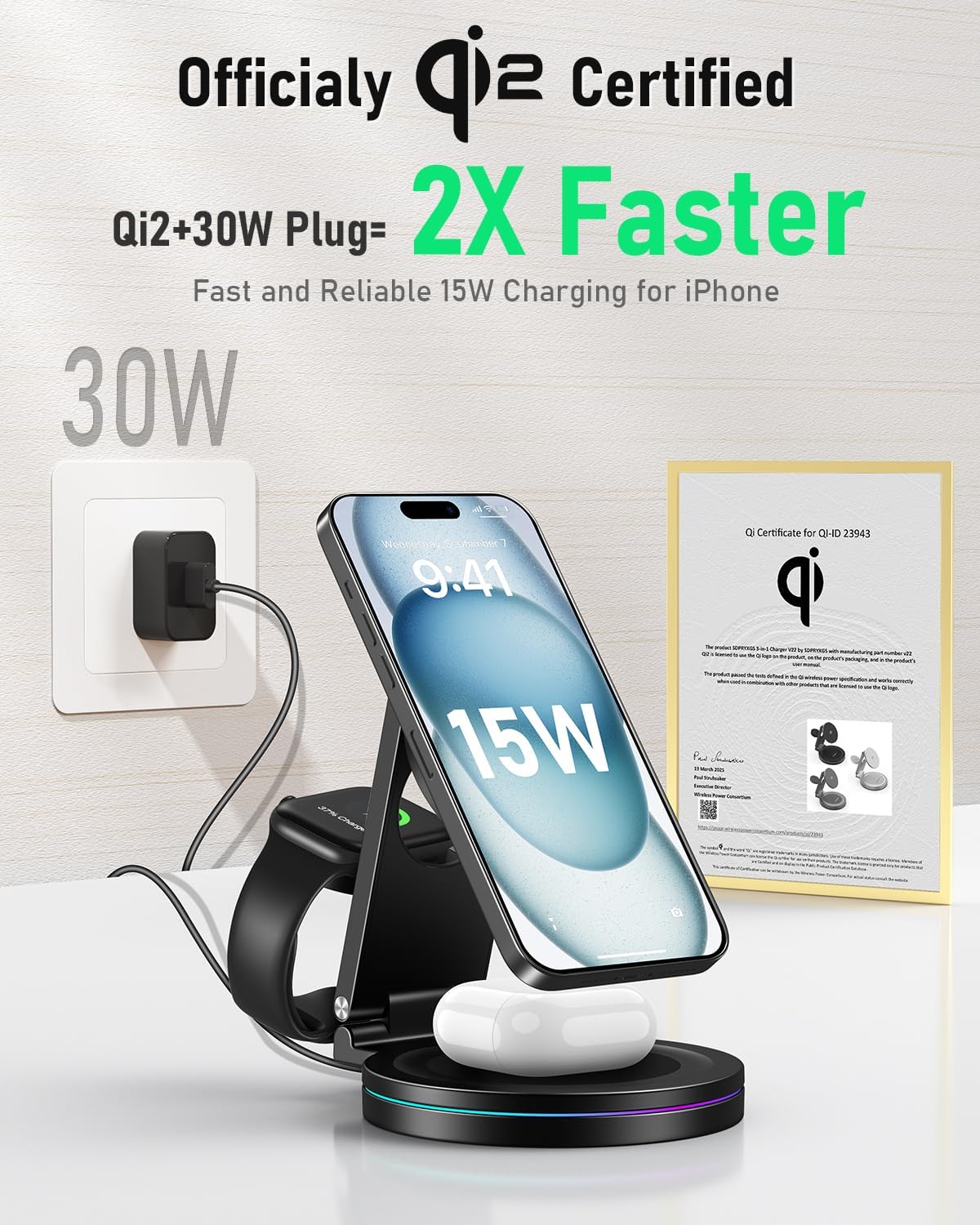 2025 Upgraded Qi2 Foldable 360º Rotatable Zinc Alloy 3 in 1 Magnetic Wireless Charging Station,3-in-1 Qi2 Charger for Apple iPhone 12~16,iWatch,AirPods(30W Adapter & Case Included)(Black)