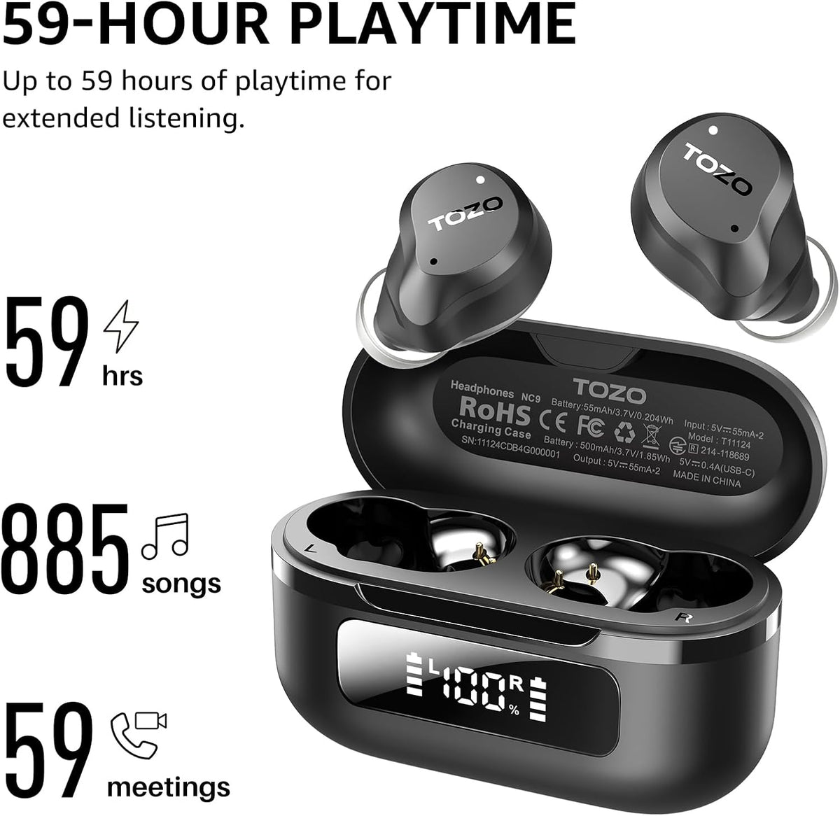TOZO NC9 Hybrid Active Noise Cancelling Wireless Earbuds, 6 Mics ENC Clear Call, IPX8 Waterproof, in Ear Bluetooth 5.3 Headphones Stereo Bass Ear Buds 59H Playtime with LED Display 32 EQs via APP