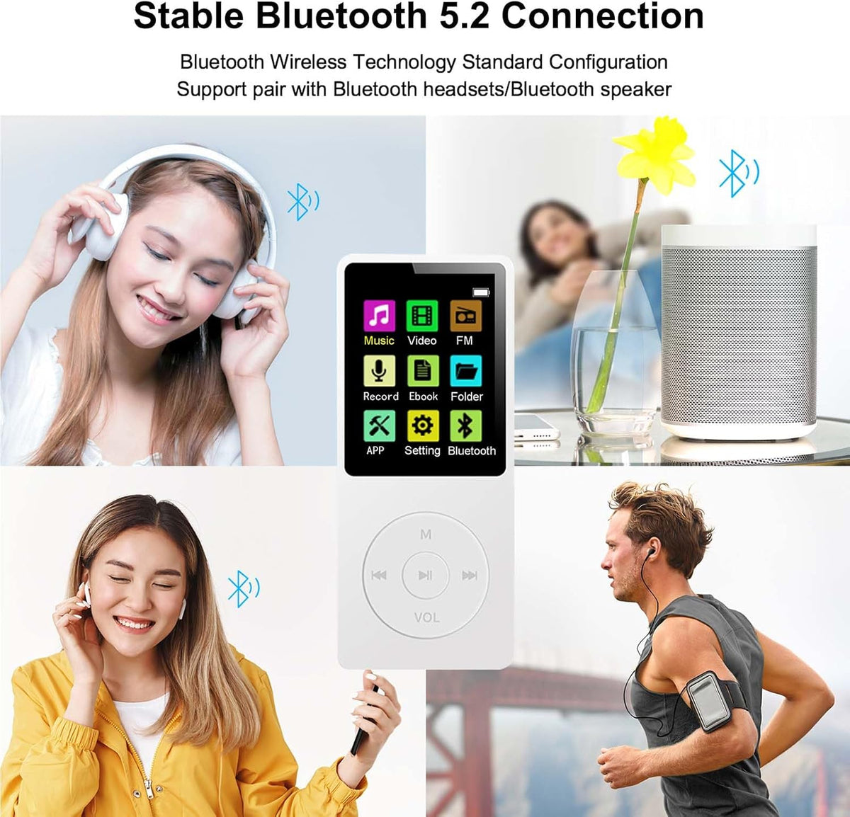 imkavery 128GB MP3 5.2, Player with Bluetooth Portable White Music Player for Kids with Built-in HD Speaker, FM Radio