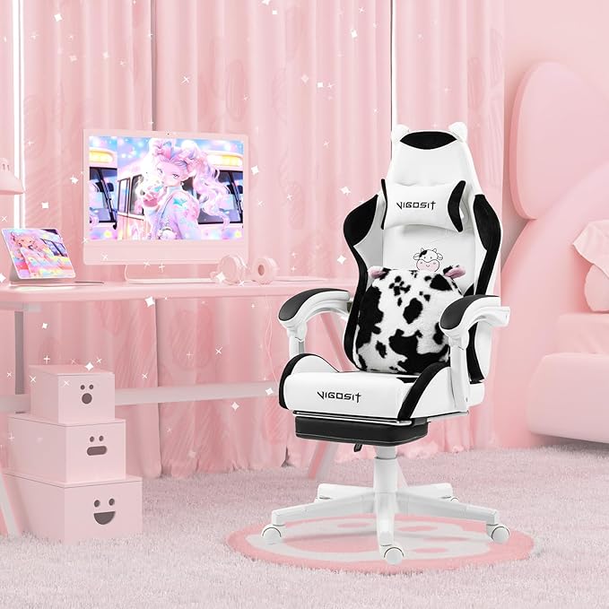 Cute Cat Gaming Chair with Paw Lumbar Cushion PC Video Gamer Chair for Girl Teen Woman (Black White)