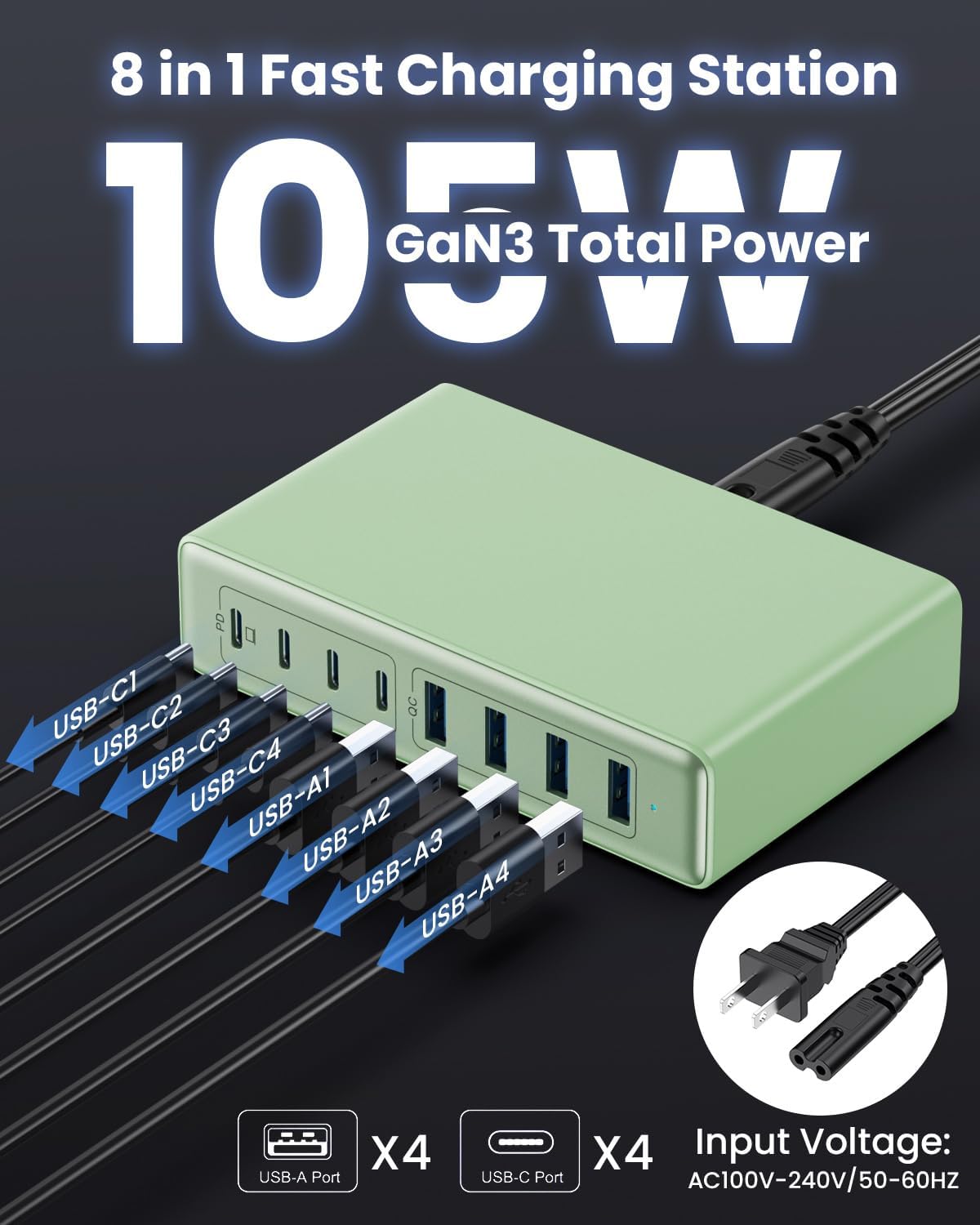 105W USB C Charger Block,8-Ports GaN III Fast Charging Station Hub,QC4.0+PD 65W Laptop Charger Wall Chargers Power Adapter for MacBook Pro/Air,DELL,Steam Desk,iPhone 16/15,iPad,Galaxy S25,Pixel-Green