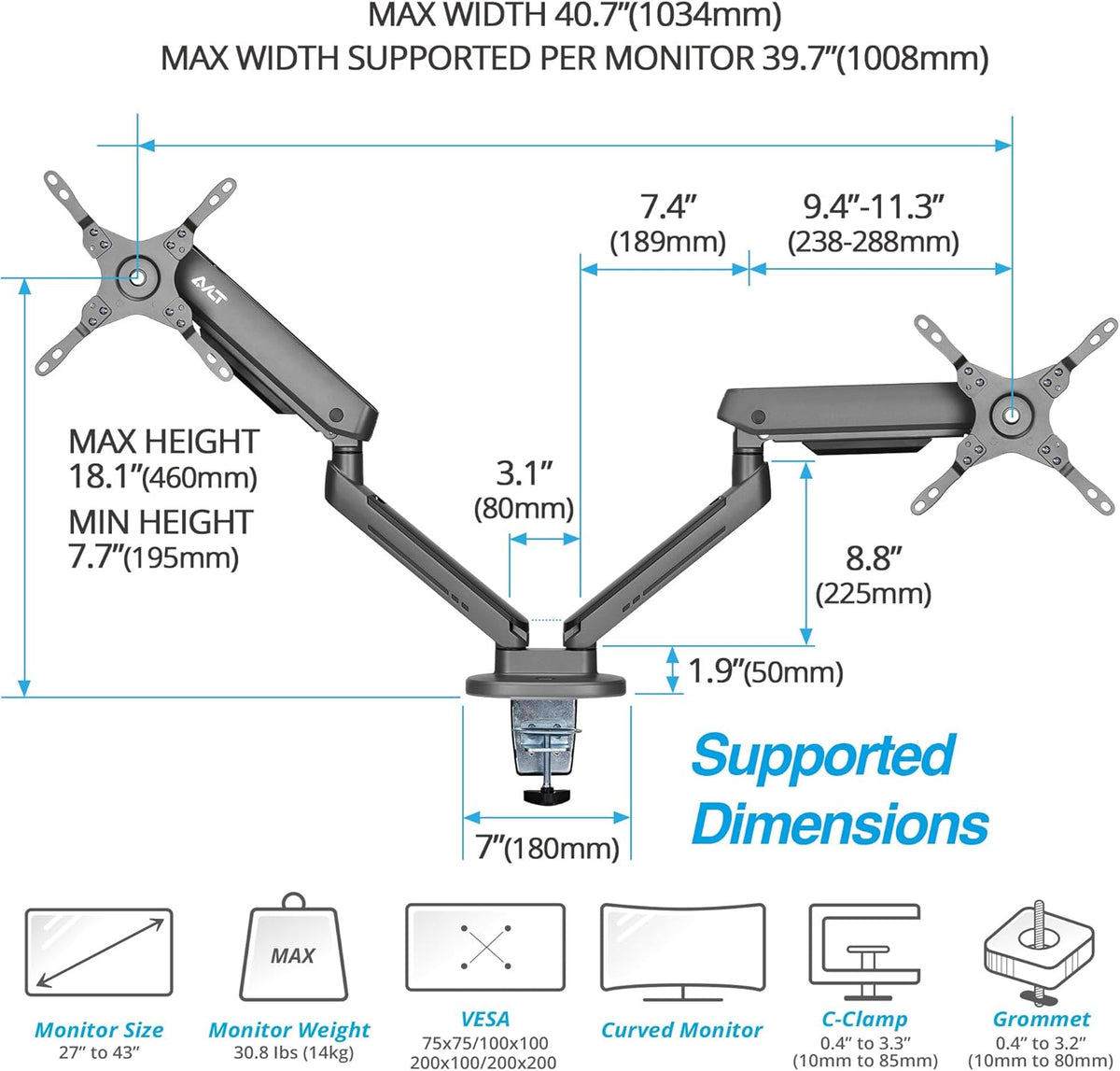 AVLT Dual 27”-43” RGB Gaming Monitor Arm Desk Mount Built-in 20 Lighting Modes Touch Button Control Fits Flat/Curved/Ultrawide Screen Height Swivel Tilt Rotation Adjustable Monitor Stand -Dark Gray