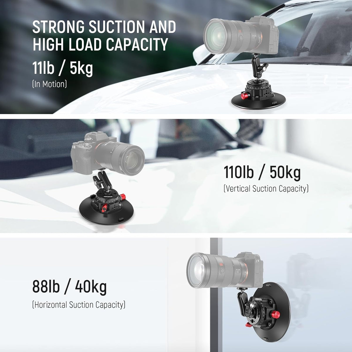 NEEWER 6" Suction Cup Camera Mount Compatible with GoPro, Metal Car Windshield Dash Ball Head Magic Arm with Action Cam Adapter Cleaning Cloth for DSLR Phone Holder, for POV Video Recording, CA013