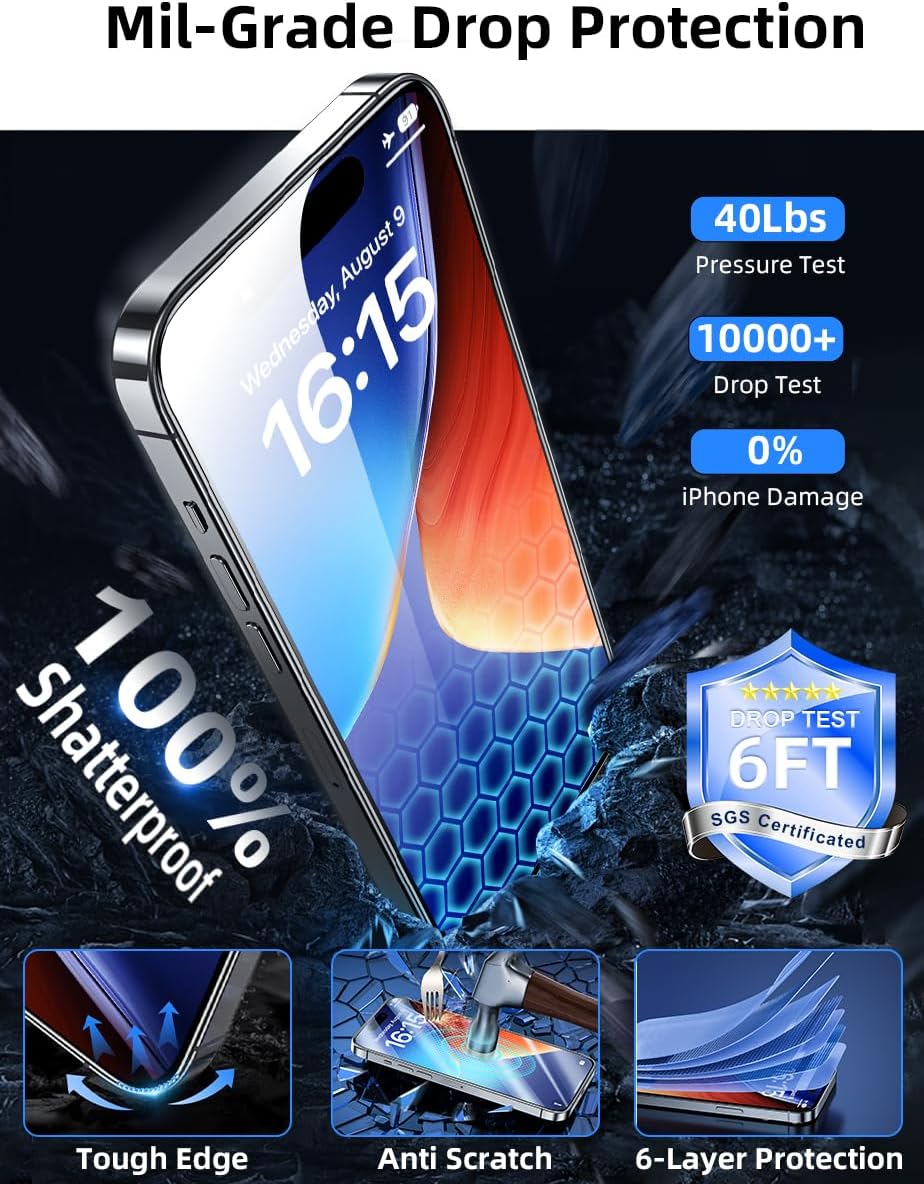 Screen Protector for iPhone 15 Pro [3-Pack] [6.1 Inch] HD Clear Tempered Glass Film with Installation Frame