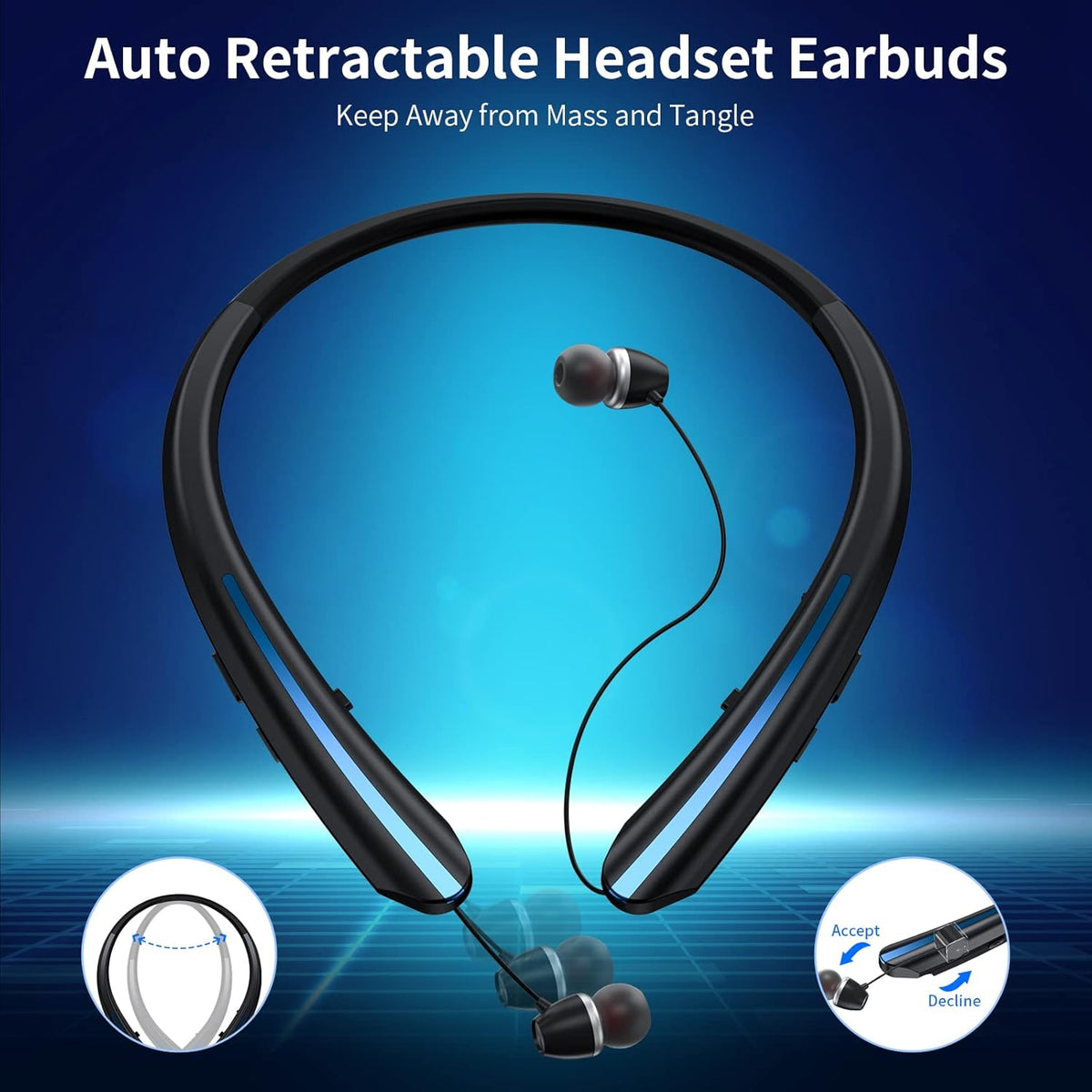 Neckband Bluetooth Headphones, Retractable Earbuds Wireless Headset with Microphone, Noise Cancelling for Workout