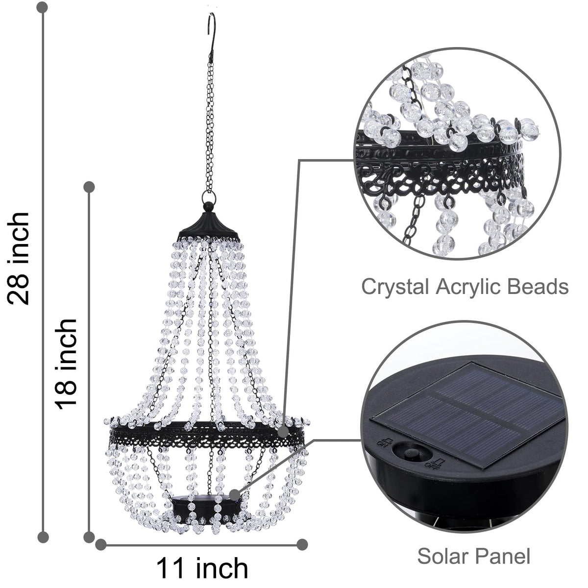 Hanging Solar Chandelier Outdoor, 30 Cool White Lights Acrylic Clear Beaded Chandelier with S Hooks Modern Lantern for Garden Yard Patio Gazebo