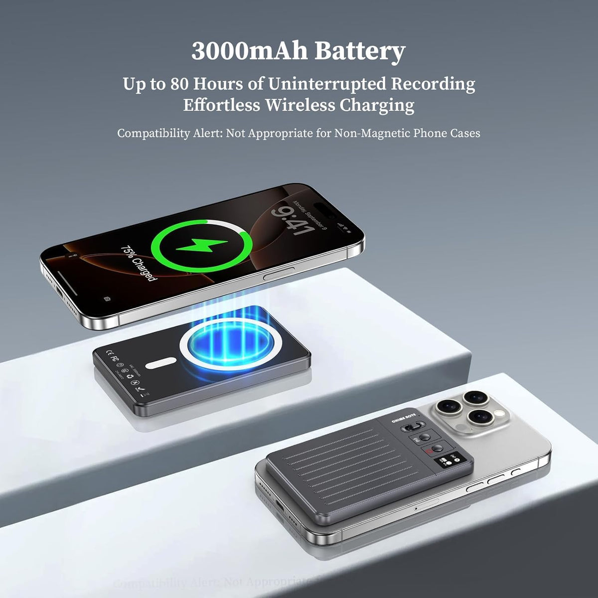 AI Voice Recorder - 64GB Voice Recorder with Free Transcribe & AI Summary by ChatGPT, APP & Web Control, 121 Languages, Wireless Charging, for Meetings/Calls (Grey)