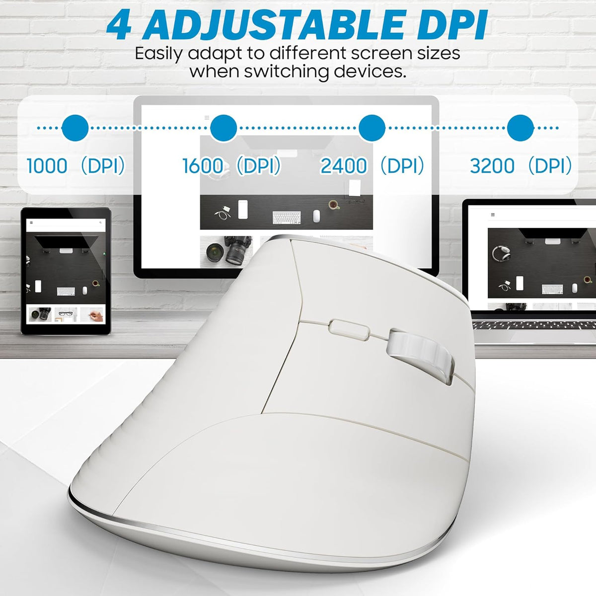 Wireless Vertical Ergonomic Mouse, Multi-Device with Bluetooth + 2.4G Connection, 4 Adjustable DPI for PC, Laptop,