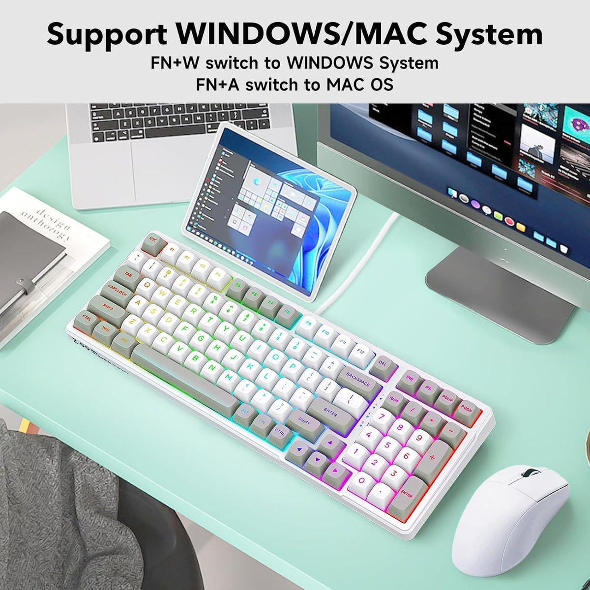 HUO JI Z-99 Wired Mechanical Keyboard, Creamy Sound, Hot Swappable Pre-lubed Linear Switches, Gasket Structure with Sound Dampening Foam, RGB Backlit, 99 Keys Custom Gaming Keyboard for PC/Mac,Gray