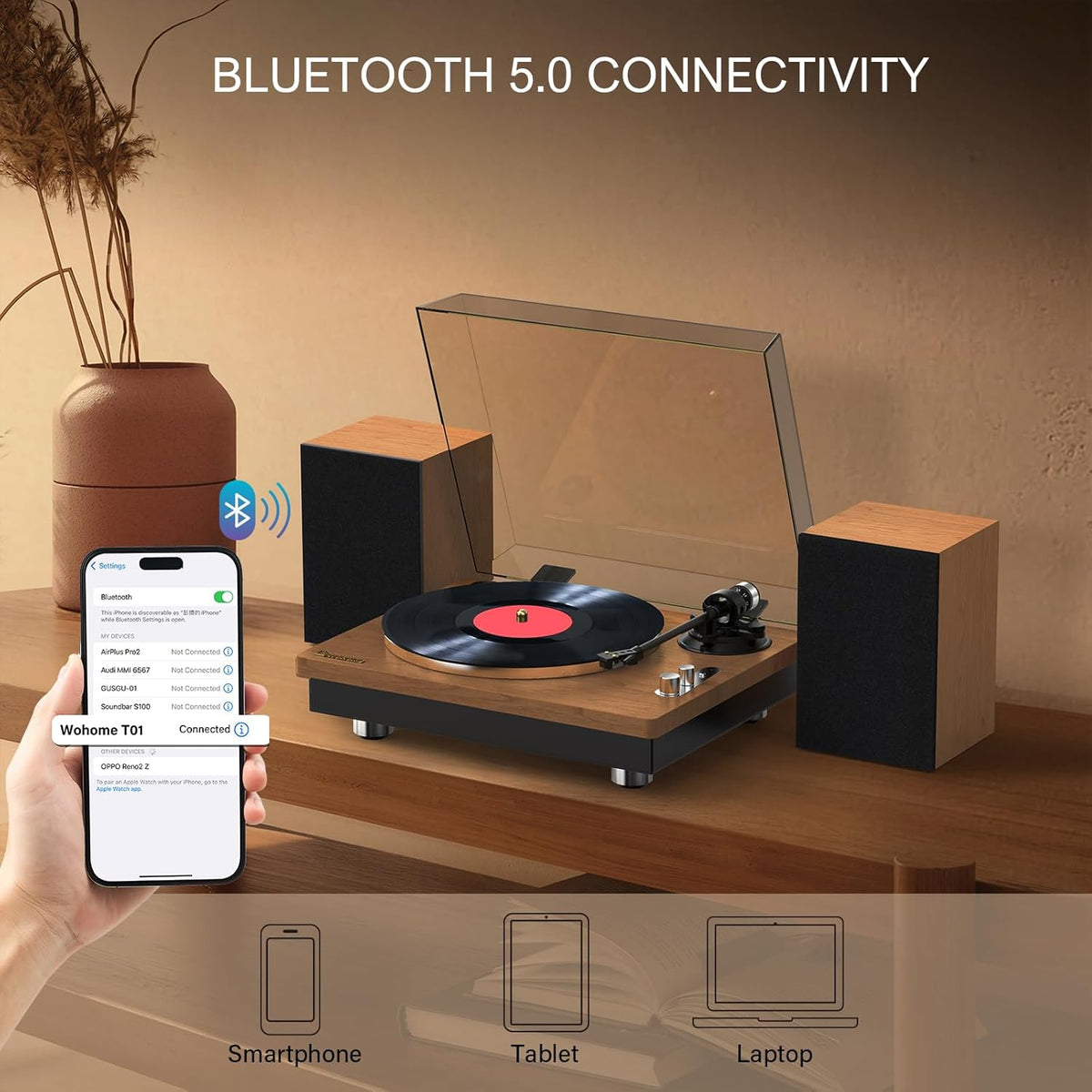 Wohome Vinyl Record Player with 66 Watt External Bookshelf Speakers, High Fidelity System Vintage Turntables for Vinyl Records with Magnetic Cartridge, Bluetooth Playback, RCA line Out and Auto Off