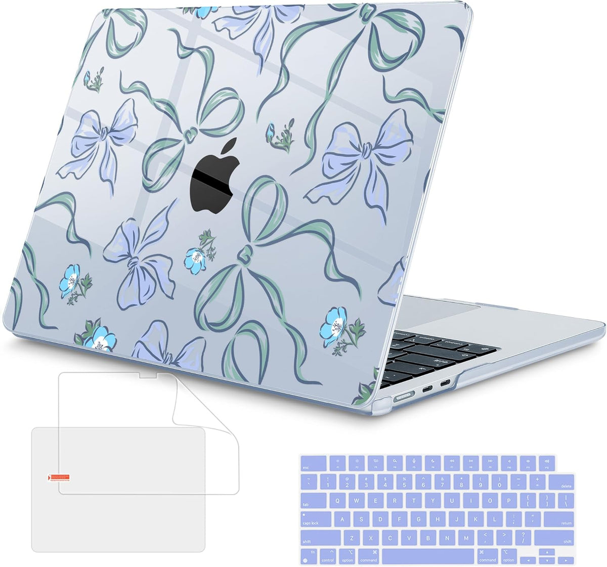 Mektron for 2025 MacBook Air 15 inch M4 Case A3241/ 2024 M3 A3114/ 2023 A2941 M2 Hard Printed Case with 15.3 Liquid Retina Display Touch ID, Plastic Hard Cover & Keyboard Skin- Bows C355-Blue