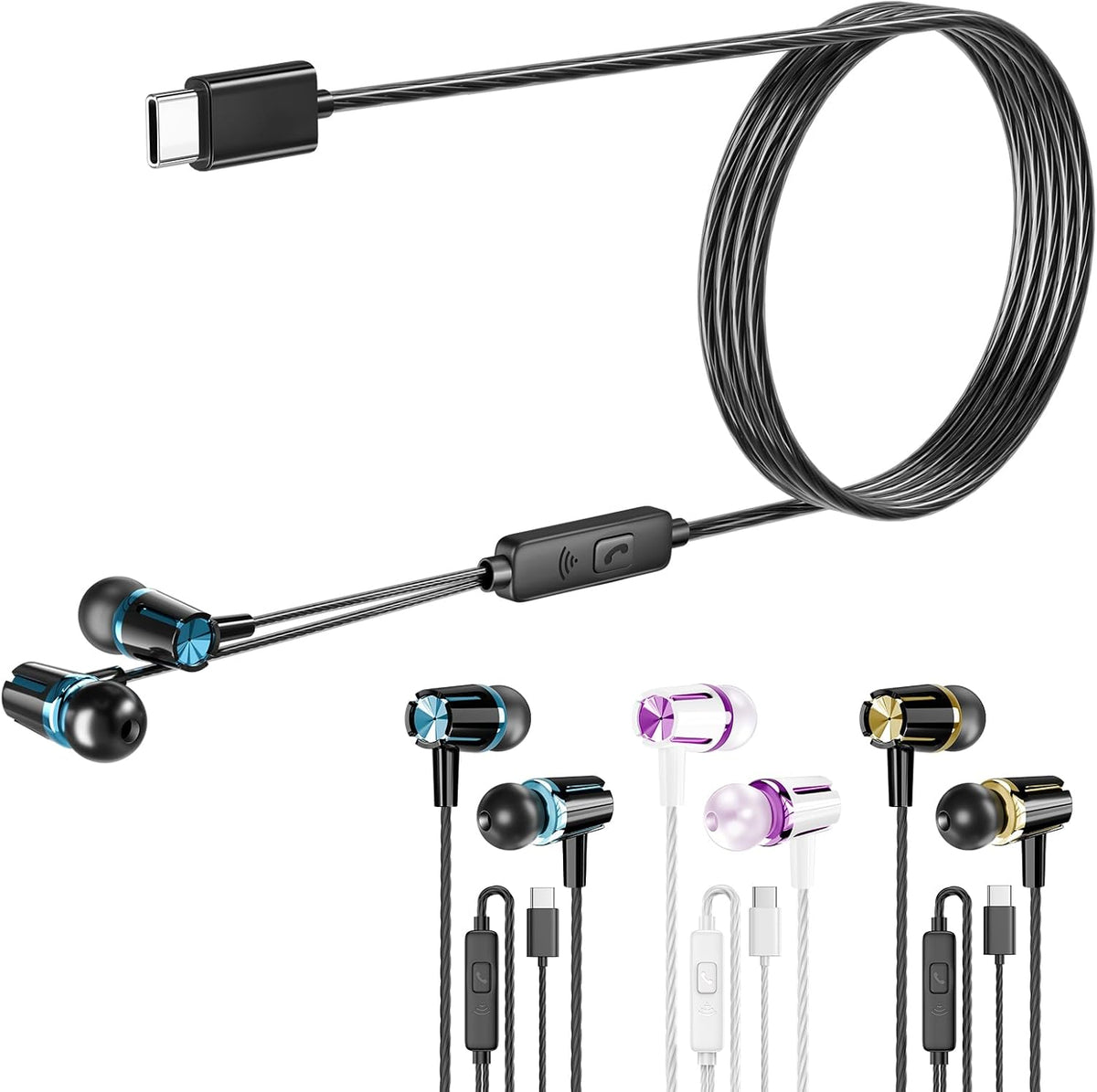 Rayleigh USB C Headphones with Microphone 3 Pack, Wired Earbuds with Heavy Bass, Type C Earphones with Noise Isolating, Compatible with iPad, Android Phones, Fits Most Type C Devices