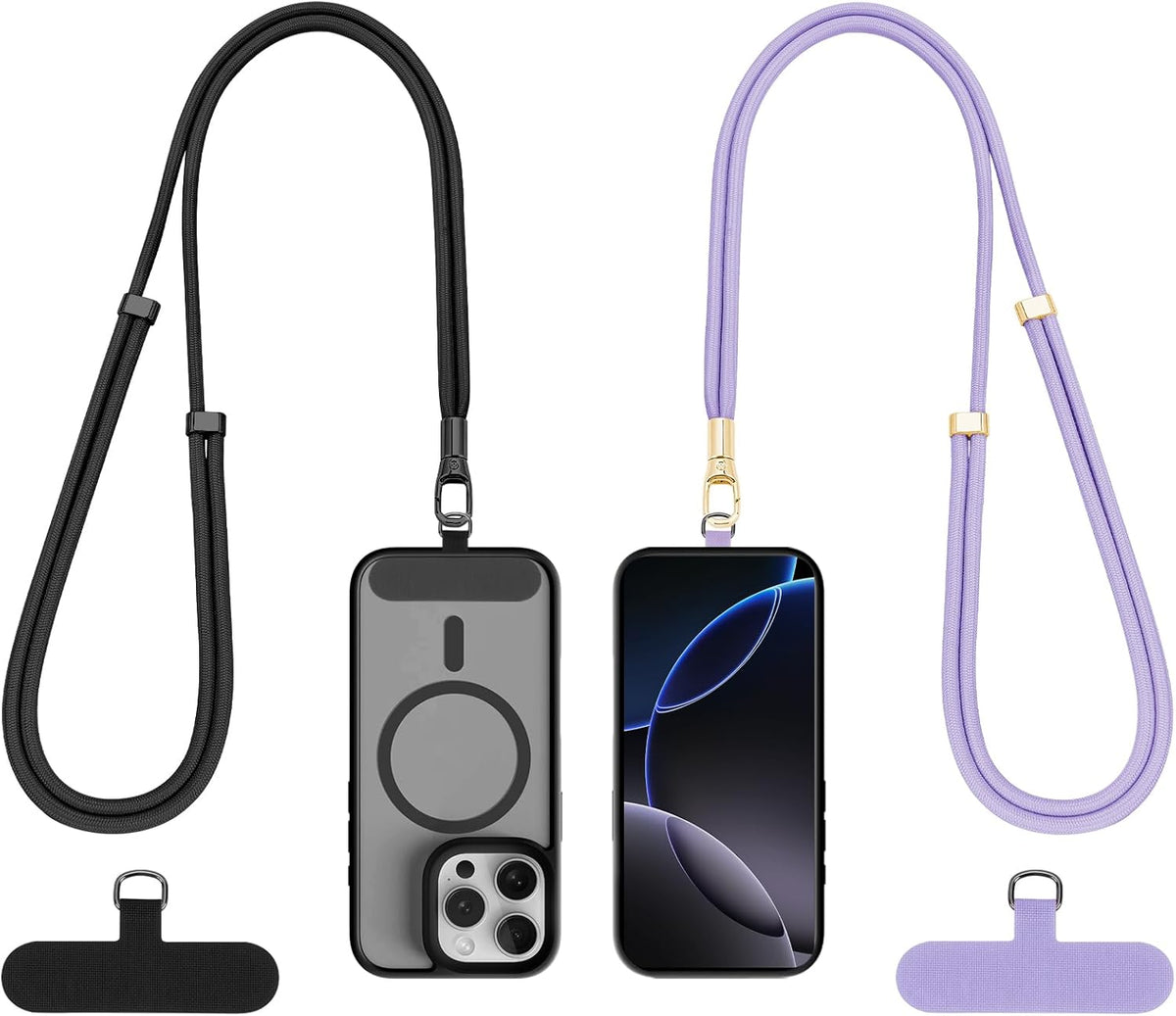 Phone Lanyard 2 Pack, 2x Adjustable Crossbody Phone Strap, 2x Tether Tab, Anti-theft Universal Cellphone Multifuctional Patch Lanyards for iPhone & Most Smartphones, Black + Purple