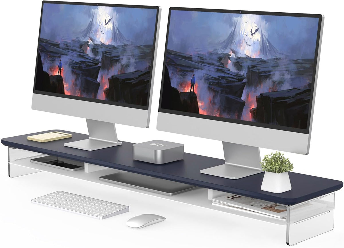 Fenge Acrylic Monitor Stand Riser, 42.5 Inches Dual Monitor Stand with Metal Storage, 2 Tier Acrylic Computer Riser for Desk, Clear Laptop Stand for PC, Laptop, Printer, TV, Blue