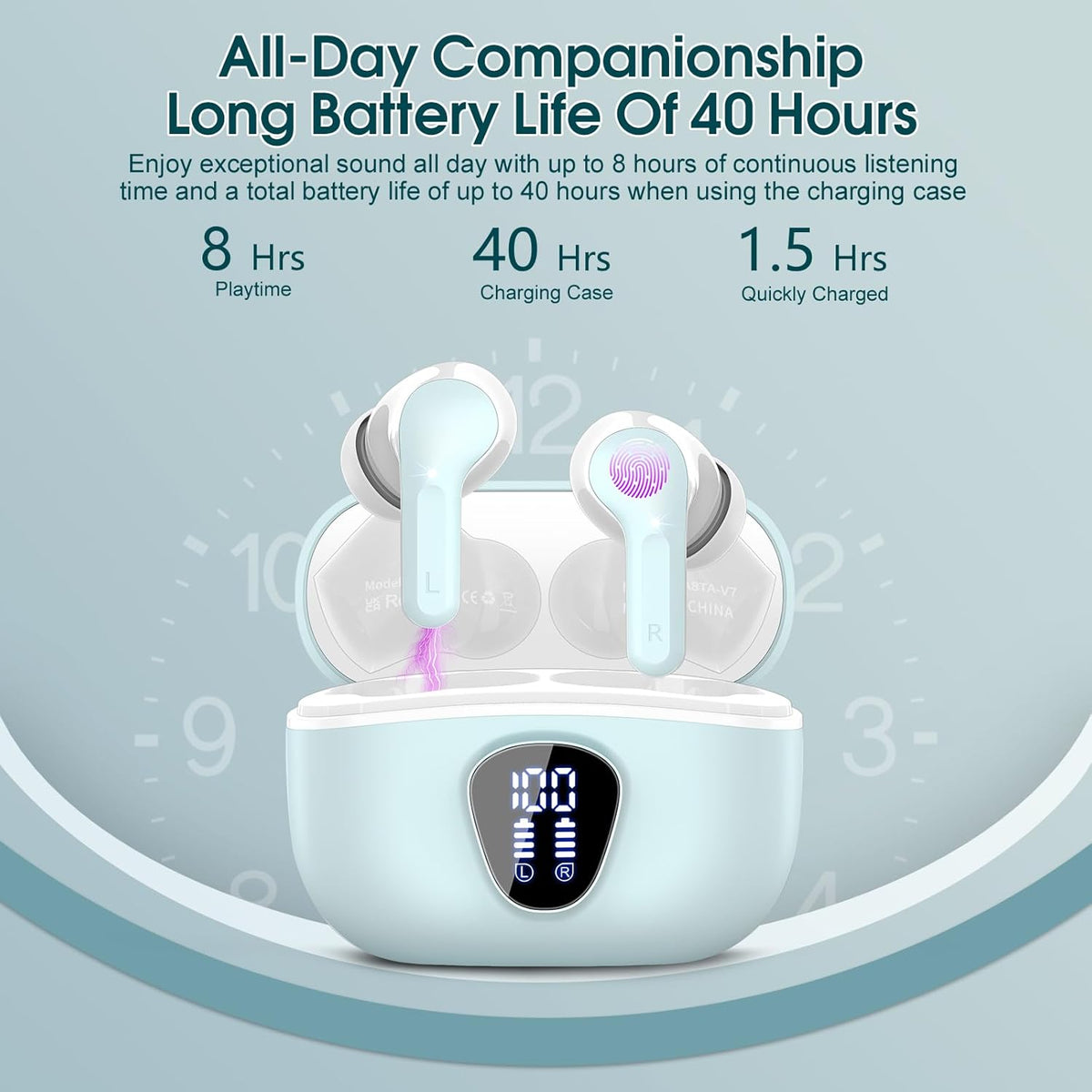 Wireless Earbuds, Bluetooth 5.4 Headphones HiFi Stereo, Bluetooth Earbuds with ENC Noise Cancelling Mic, IP7 Waterproof in Ear Earphones, 48H, LED Display Ear buds for Pad Workout Sports, Azure