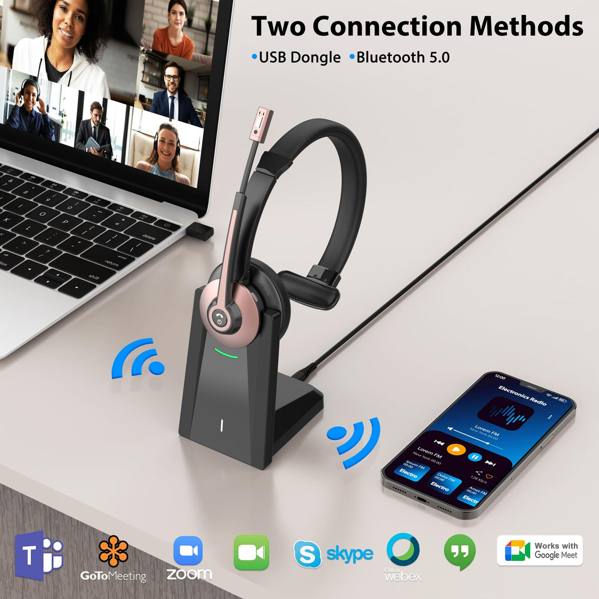 Wireless Headset with Mic for Work, Bluetooth Headset with Noise Cancelling Mic & USB Dongle for Meeting, Single Ear Work Headset with Charging Base