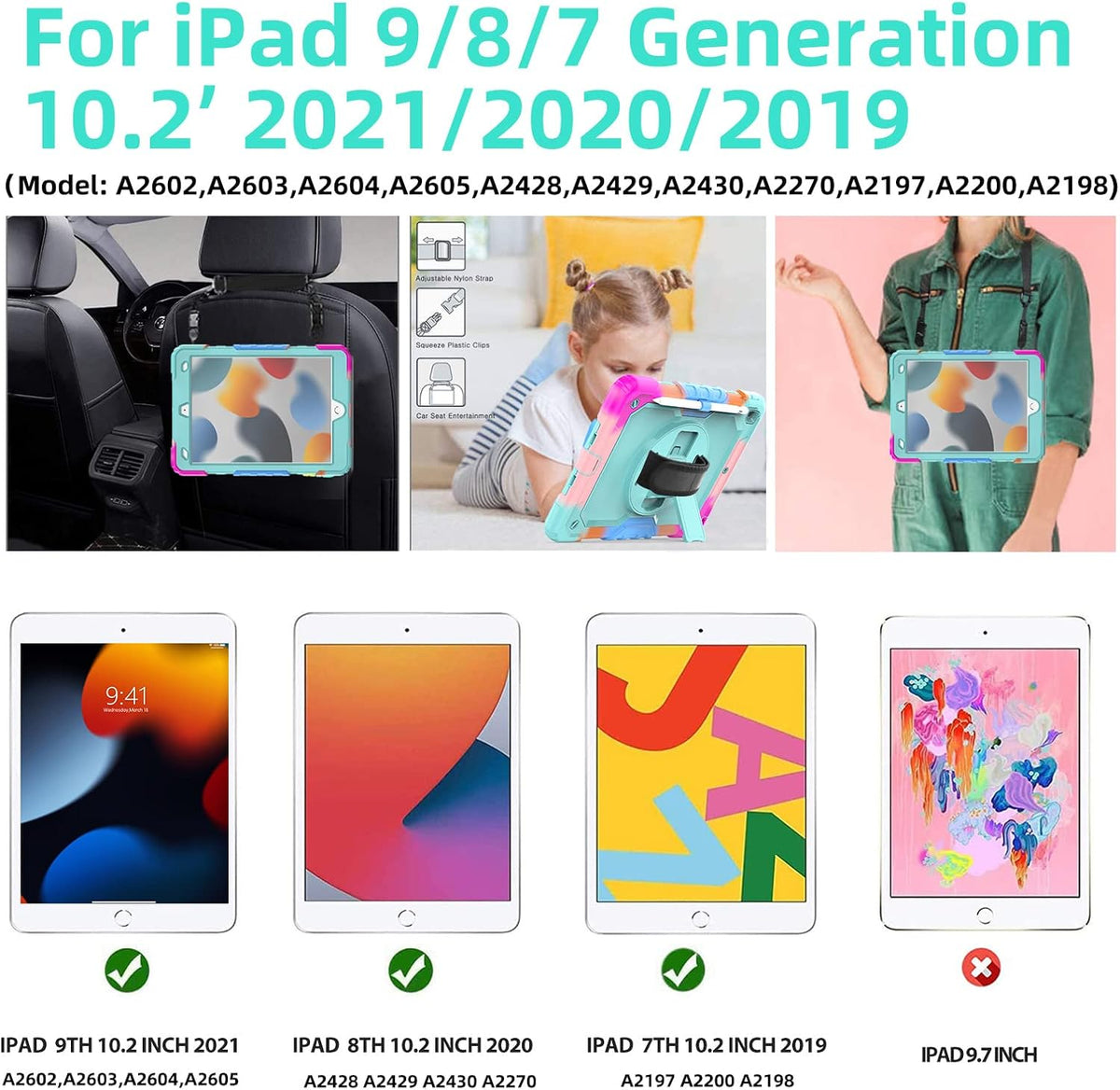 BLOSOMEET iPad Case for 9th Gen 10.2 inch 2021/2020 for Kids with Tempered Glass Screen Protector | iPad 8th/7th Generation Case Cover 2019 w/Stand Pen Holder & Hand Shoulder Strap |Turquoise