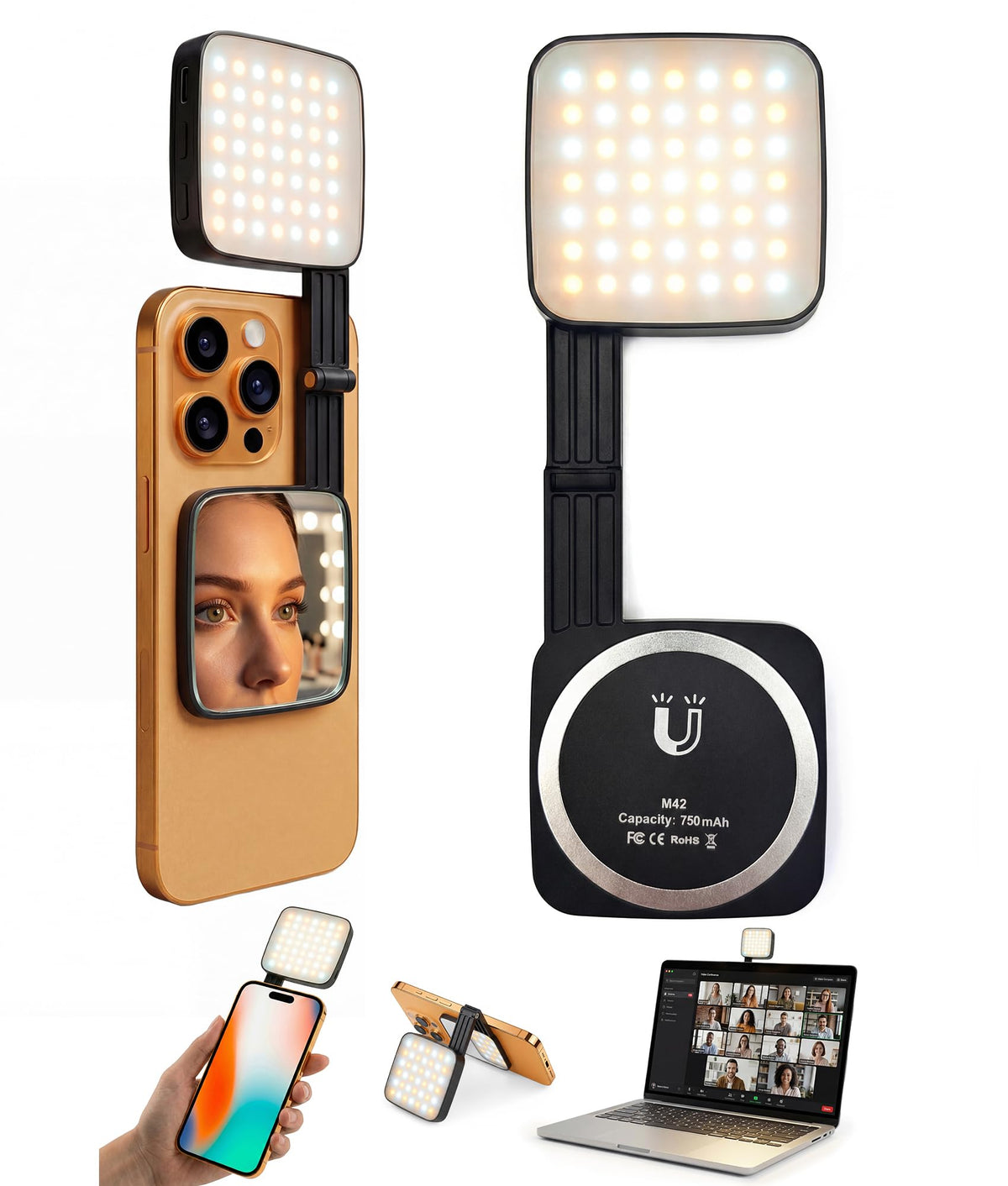 LOUERN Magnetic Dual-Sided Selfie Light Compatible with MagSafe iPhone, 42LEDs per Side, CRI95+ Rechargeable Portable & Foldable Phone Light