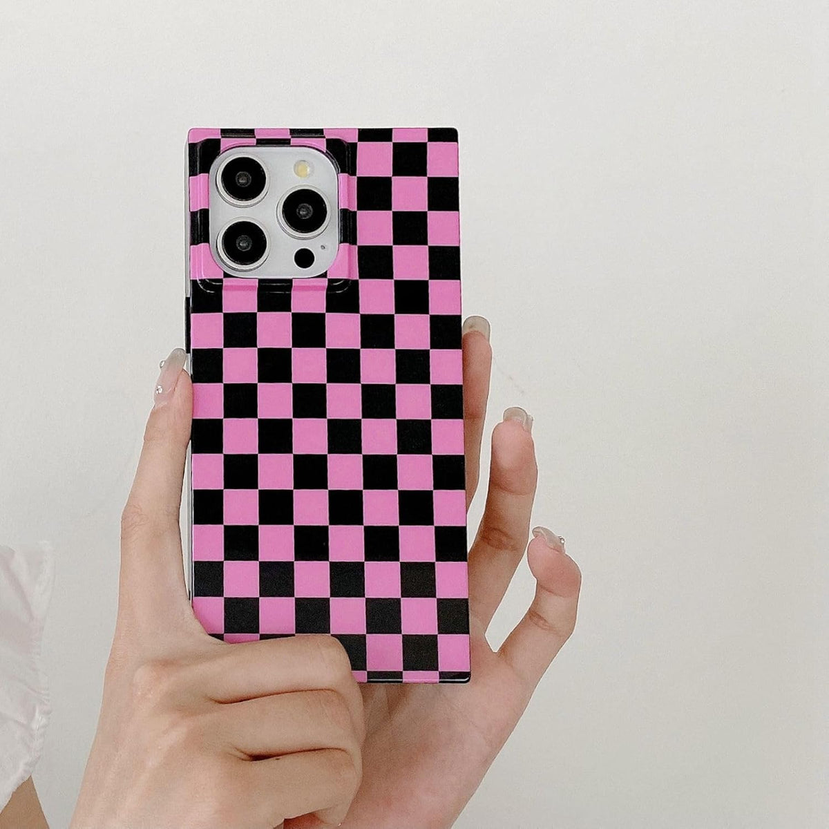 Pink Checkered Rectangle Phone Case for iPhone 15 Pro (6.1in) Slim Trendy Glossy Checkerboard Shockproof Cover