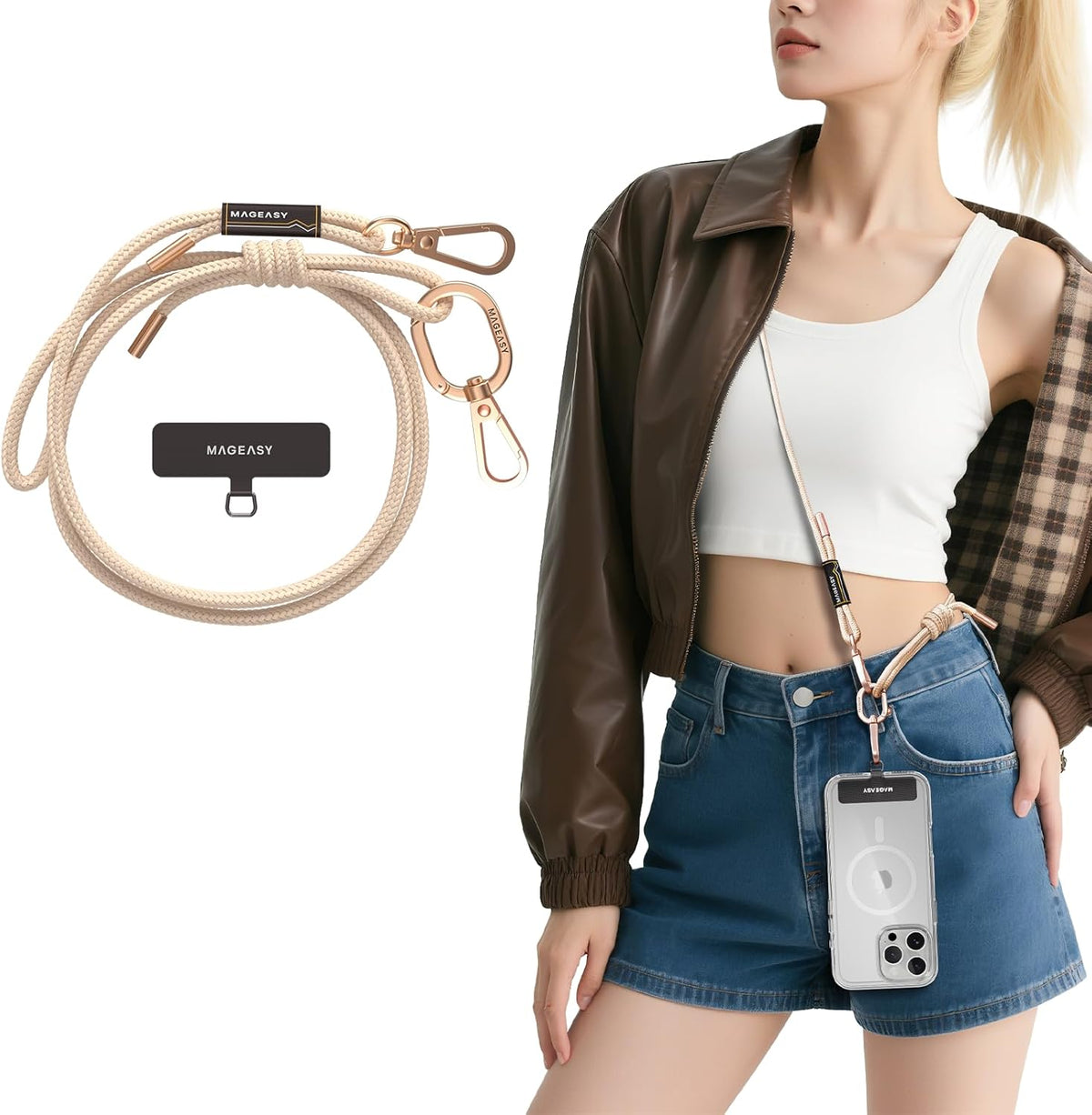 MAGEASY Universal Cell Phone Lanyard - Anti-Theft Rope Crossbody Phone Strap for iPhone 16 Pro Max & Most Smartphones, for Men & Women | 6mm Rose