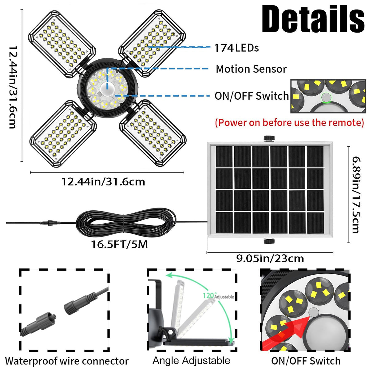 Latband Solar Shed Light Outdoor Indoor Upgrade 1200LM 174LED 4 and 1 Heads Motion Sensor Pendant Light, Solar Lights with 5 Lighting Modes Remote
