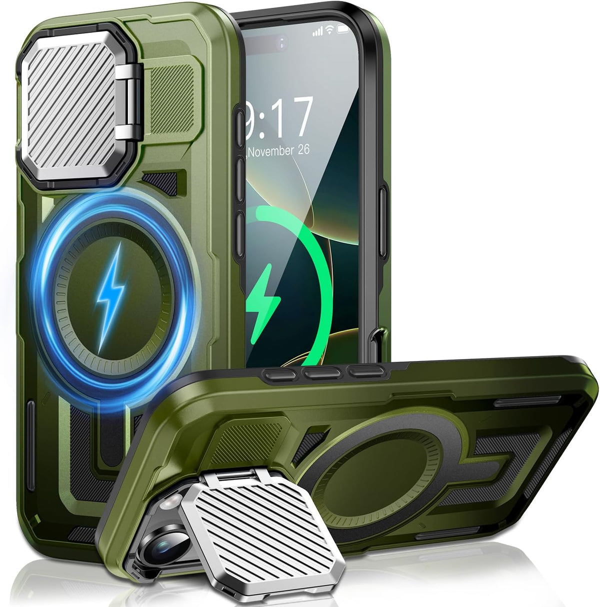 Camera Stand Case for iPhone 16 Pro, [Compatible with Mag Safe] [Lens Cover] 2024 Version Military Grade Protective Soft Case for iPhone 16 Pro 6.3 inch Men Women, Green