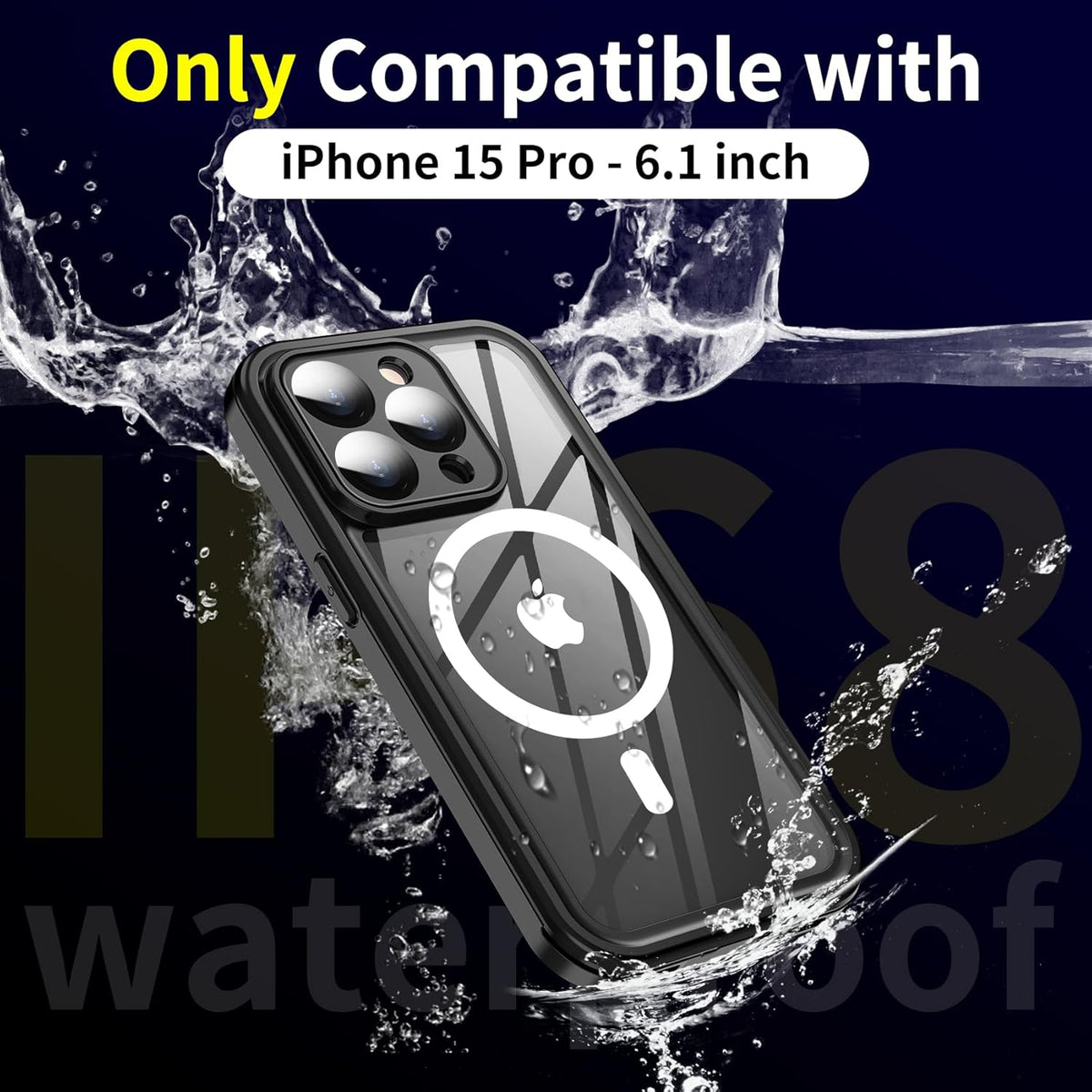 iPhone 15 Pro Case Waterproof, Built-in 9H Tempered Glass Screen Protector [Real 360][IP68 Underwater][15FT Military