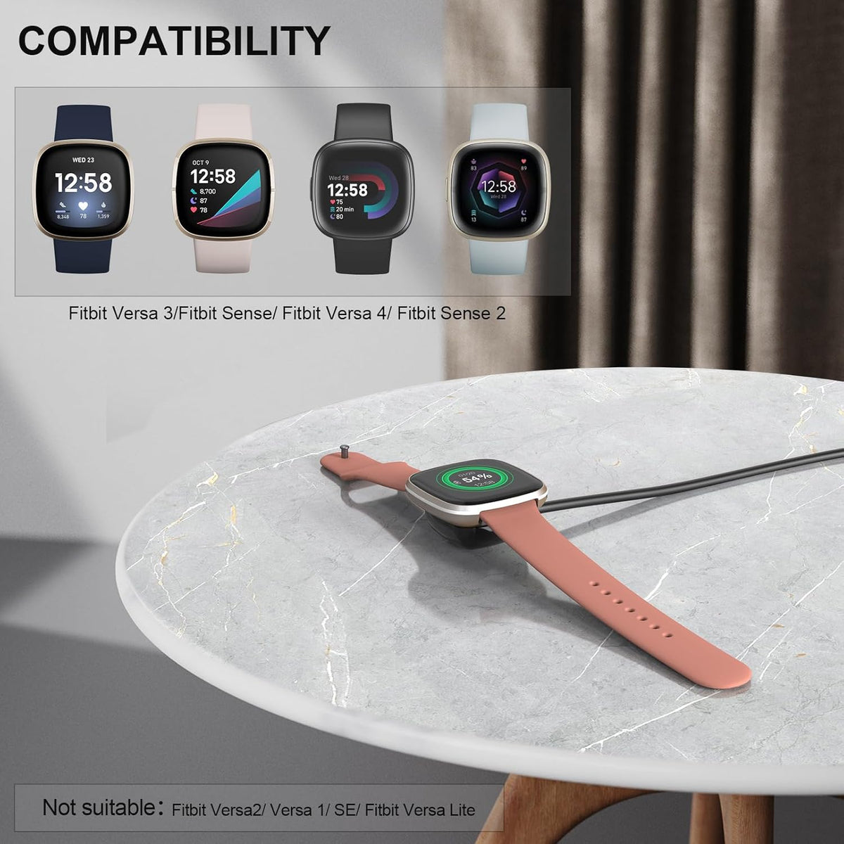 Compatible with Fitbit Sense/Sense 2/Versa 3/Versa 4 Charger, 2 Pack Replacement USB Charging Cable Dock Stand for
