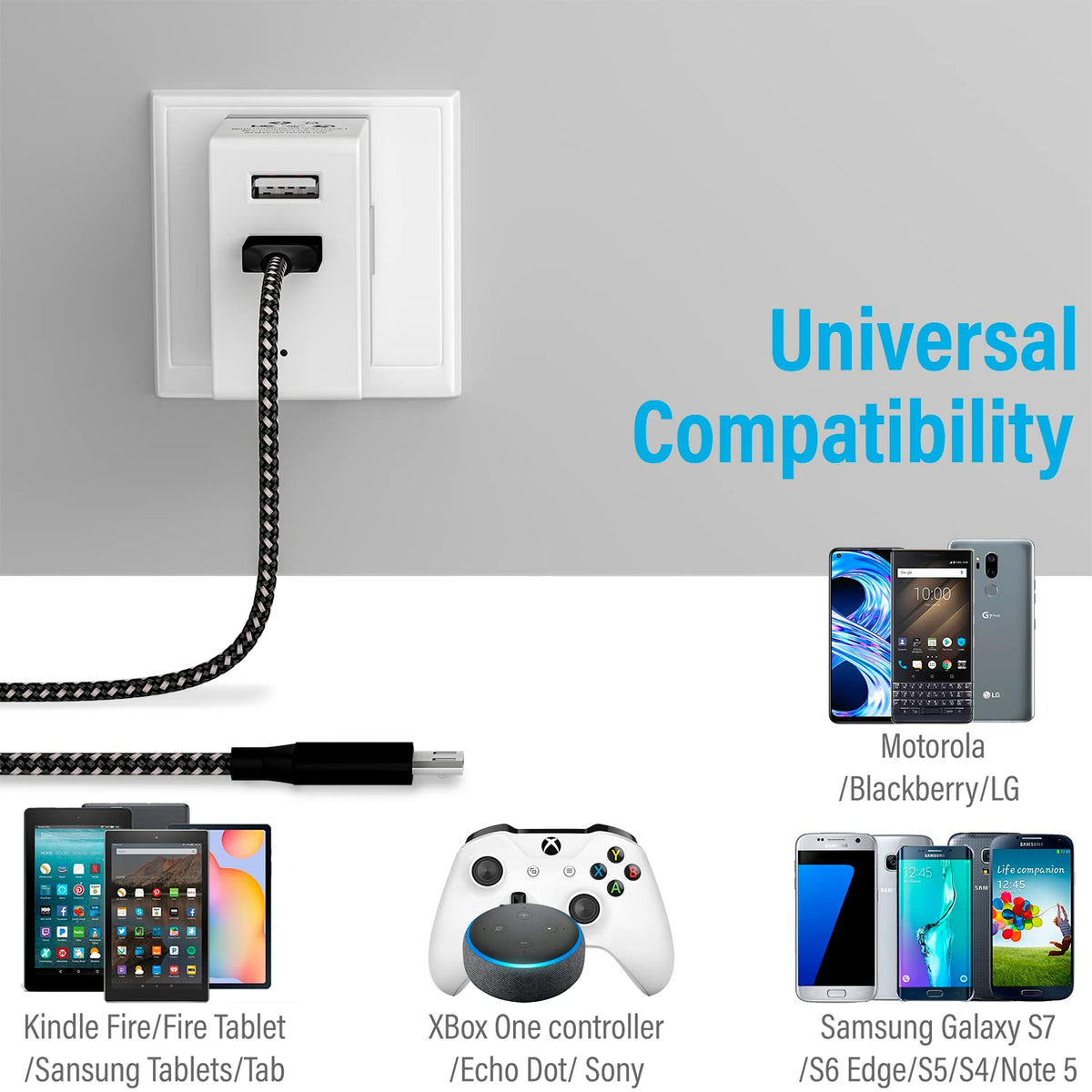 Micro USB Cable 6FT, Long Braided Fast Charging Sync Cord Compatible with Galaxy S7, S6 Edge, Kindle, Android