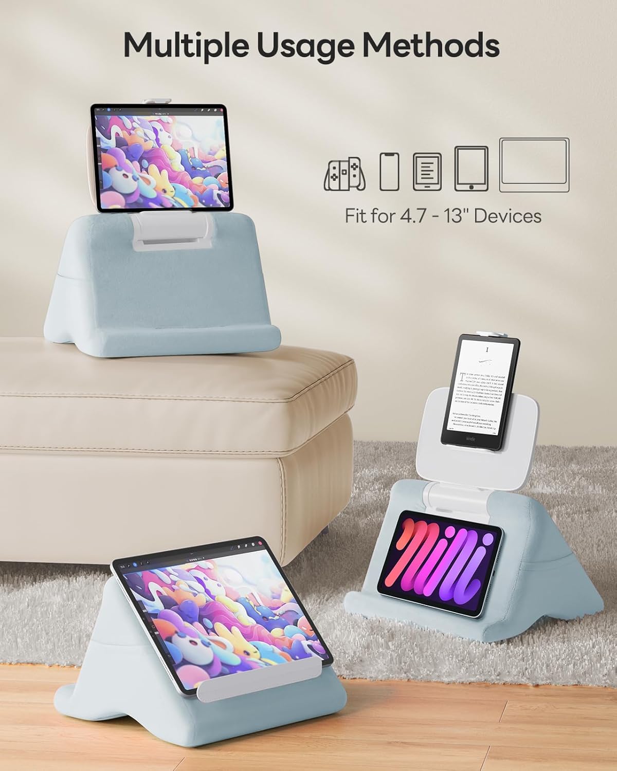 SAIJI Tablet Kindle Stand Pillow - iPad Holder for Lap Reading in Bed, with Lifter & Angle Adjustable Multi-Function Clip for 4-13" Tablets, iPad, Kindle, Phone, Blue