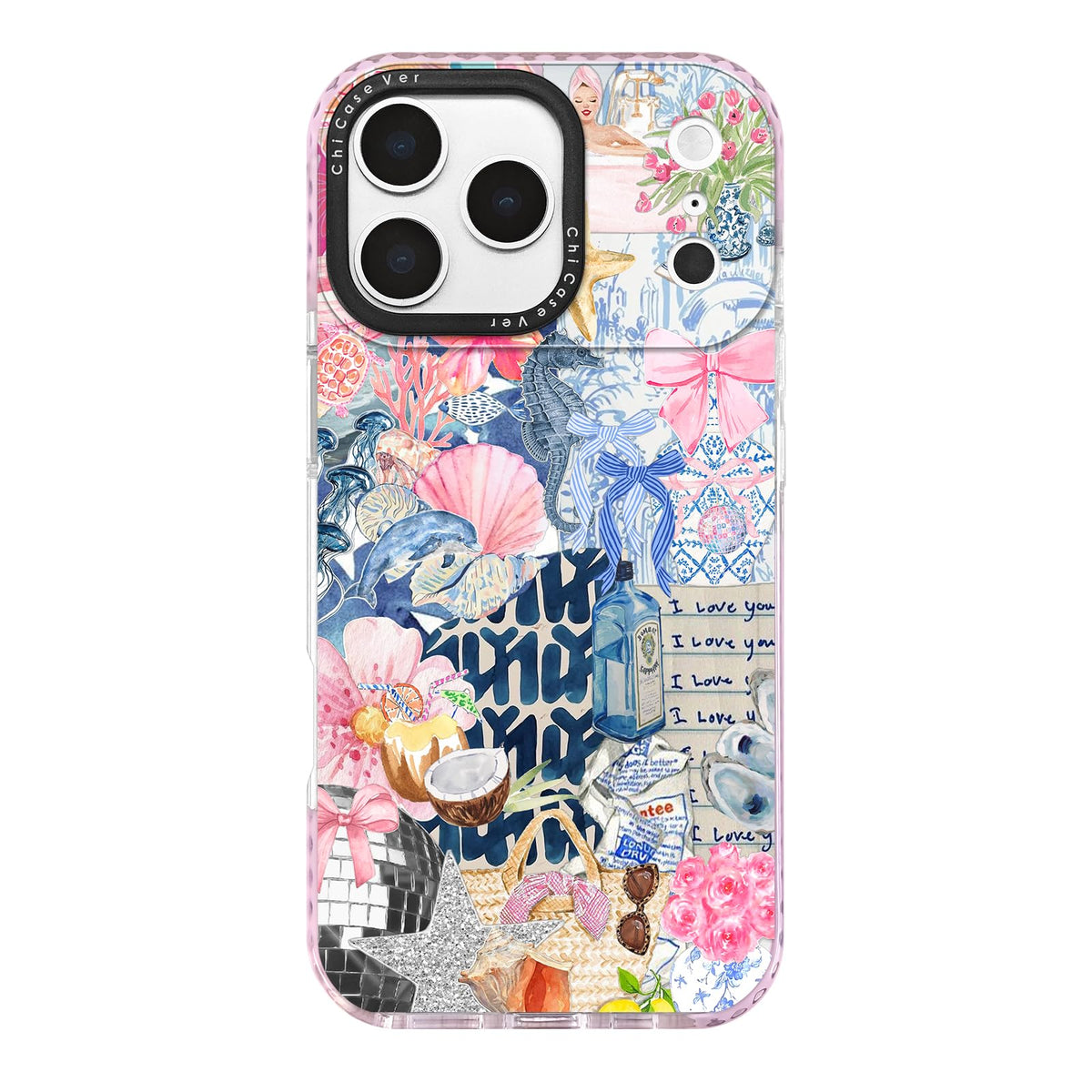 Chicasever For Iphone 17 Pro Case, Coastal Y2K Seahorse Spring Art Collage Design Aesthetic, Romantic Tpu Compatible With Magsaf