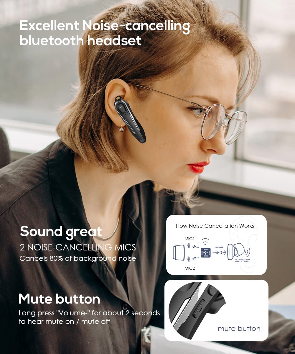 Micool Trucker Bluetooth Headset, Noise Cancelling Single Ear Headset, 30H Talking Time, Hands Free Bluetooth Earpiece for Cell Phones