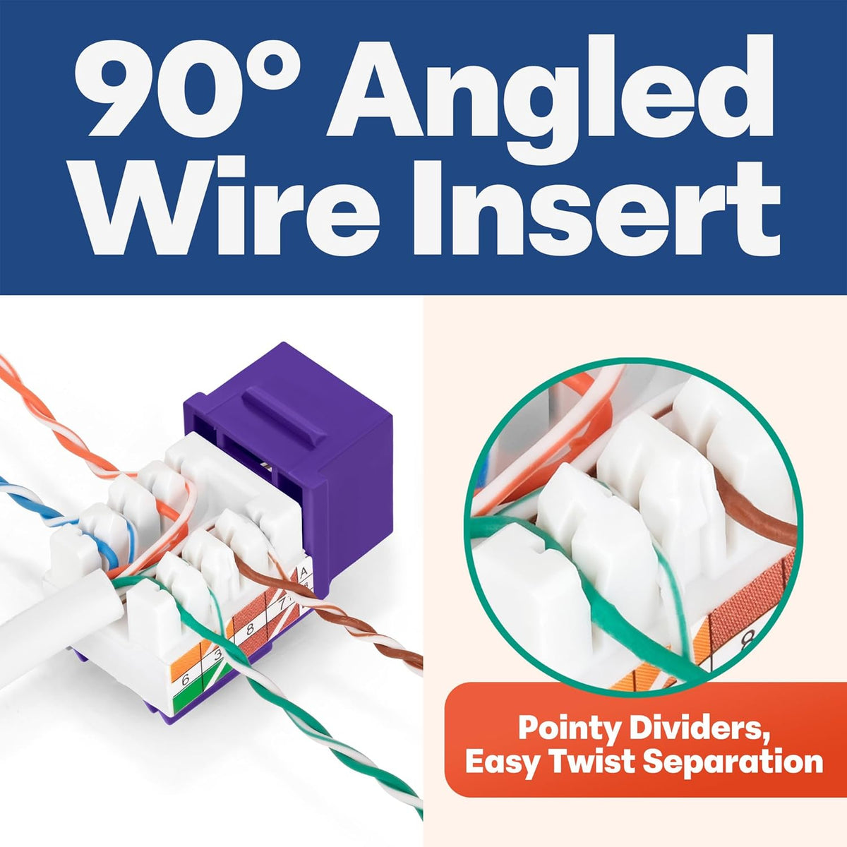 Everest 90° Angled RJ45 Cat5e Keystone Jacks 10-Pack in Purple - Slim Profile Female RJ45 Connectors - Cat 5e Keystone Jack - Compatible with 90° Angled Speed Termination Tool - easyJACK (B094WB91H3)