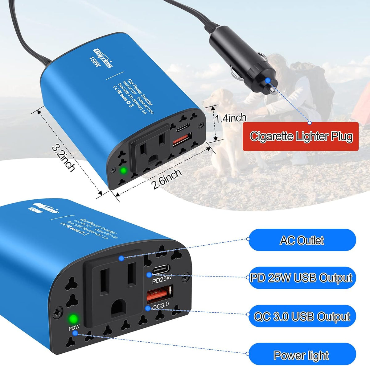 150W Car Power Inverter DC 12V to 110V AC Car Plug Outlet Adapter with PD 25W USB C & QC3.0 Car Laptop Charger-Blue