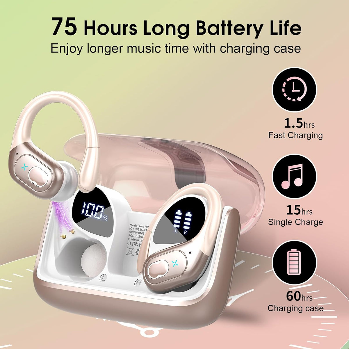 Wireless Earbuds 75hrs Bluetooth 5.4 Headphone Sport, 2025 Bluetooth Earbuds Stereo Deep Bass Over Ear Bud with Earhooks, ENC Noise Cancelling Mic, IPX7 Waterproof Earphone Rose Gold