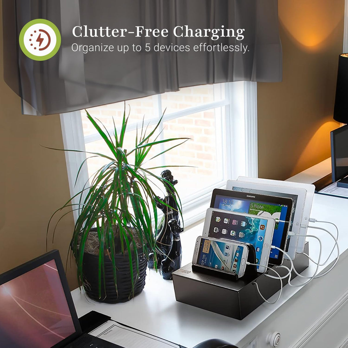 Prosumer's Choice Charging Station for Multiple Devices - 5 Device Charger Organizer for Smartphones and Tablets - Wooden Rack with Removable Dividers - Charging Dock for Work from Home - Black