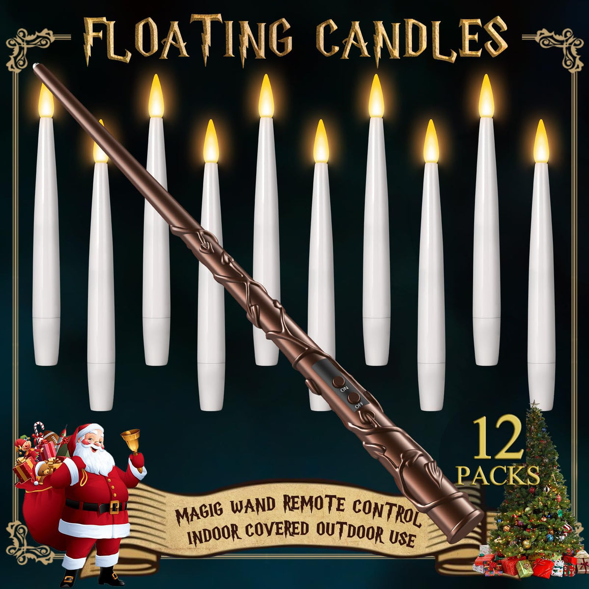 Christmas Decoration, Flameless Led Candles With Magic Wand Remote, Hanging Floating Candles Battery Operated Electric Window Le
