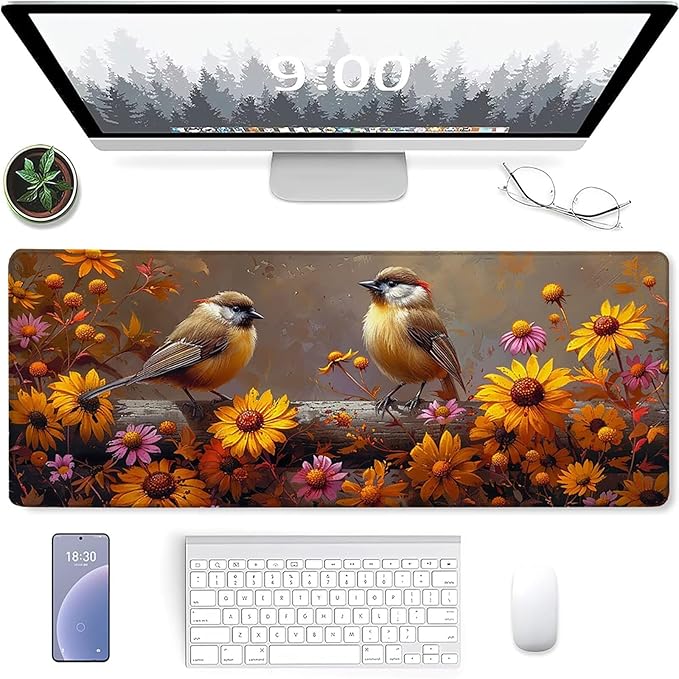 Yellow Mouse Pad Large 40x16 in Gaming Mousepad with Non-Slip Rubber Base Waterproof Smooth Surface Desk mat Extended Desk Mat with Stitched Edges Computer Accessories Gifts for Men Bird 3-4328