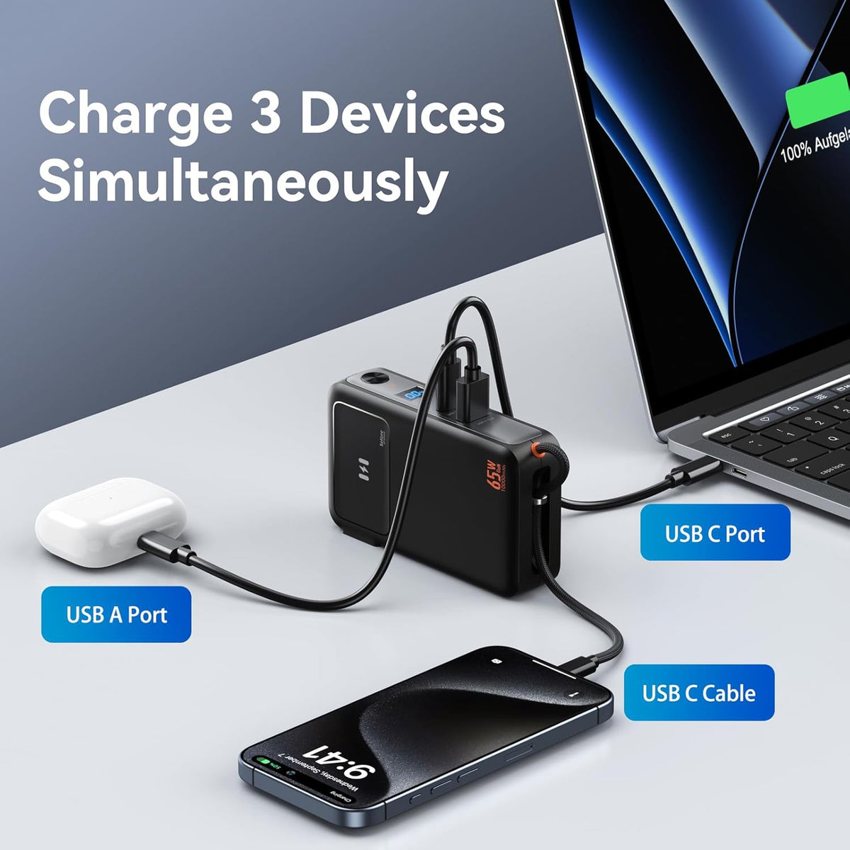 Fast Charging Portable Charger Power Bank 10,000mAh PD35W USB-C Battery Pack with 65W GaN Wall Charger, Built in USB C Cable for iPhone 16/1514/13 Series, Laptop, Samsung, Pixel, MacBook, Dell