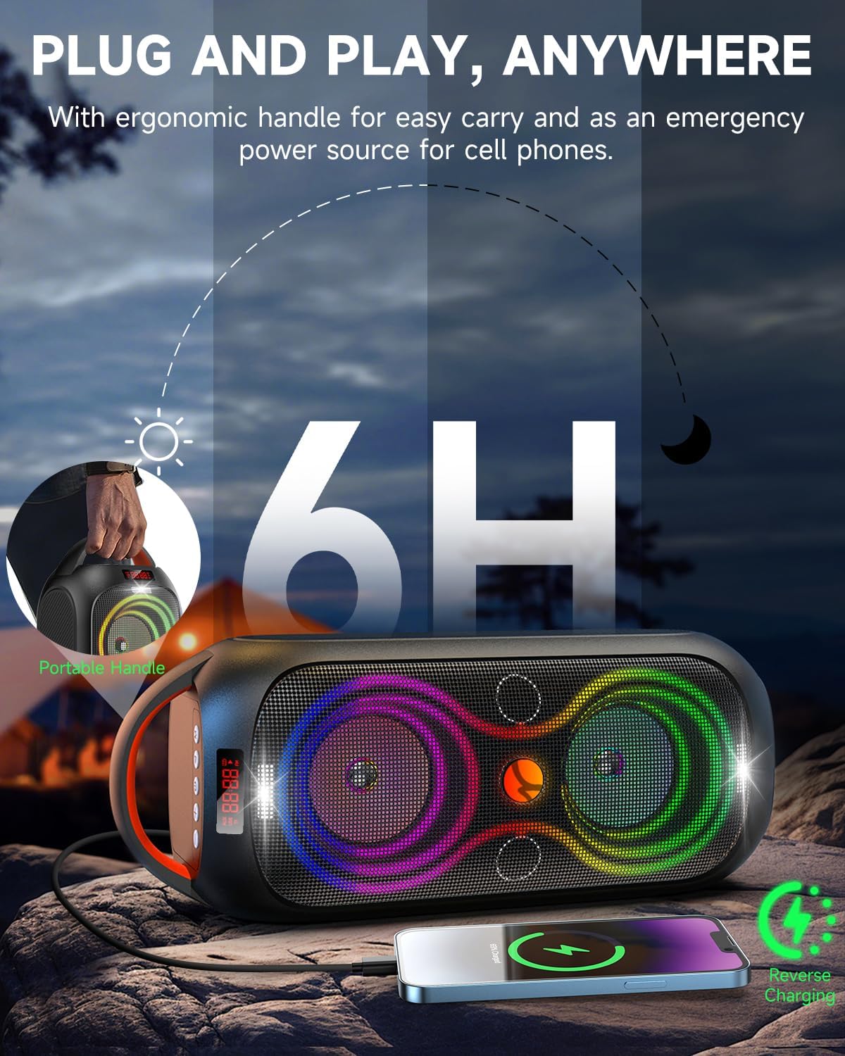 Wireless TWS Portable Bluetooth Speaker, Beat-Driven Lights, 120dB Loud Stereo Party Speaker with Bluetooth 5.3, USB/TF/AUX/FM/Mic, Built-in Carry Handle, Powerful Sound for Home,Outdoor,Party,Camping