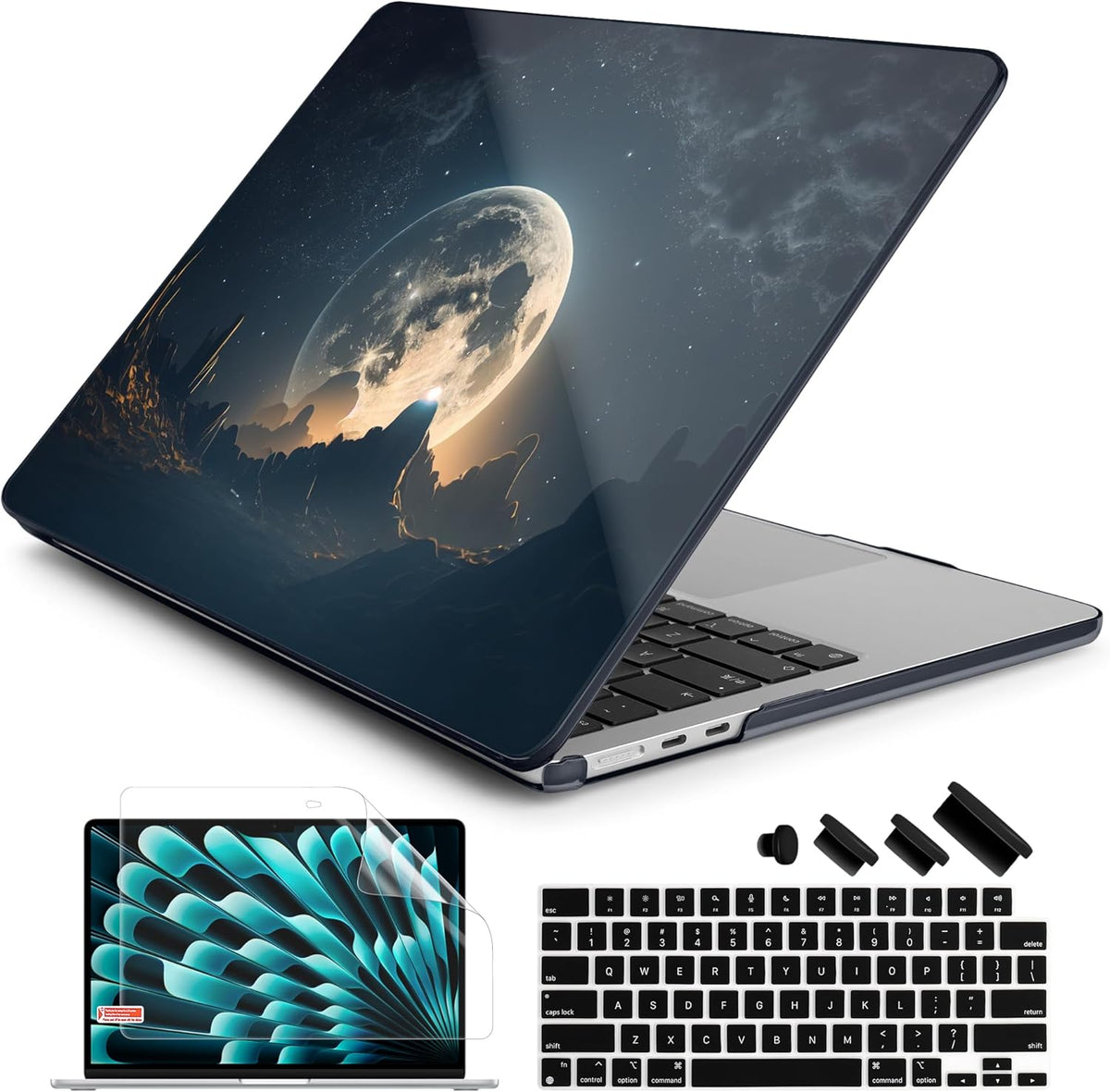 Batianda Premium Case for New MacBook Air 15 inch 2025 2024 2023 with M4 M3 M2 Chip, Designed Black Protective Plastic Hardshell & Keyboard Cover & Screen Protector, Moon in Sky