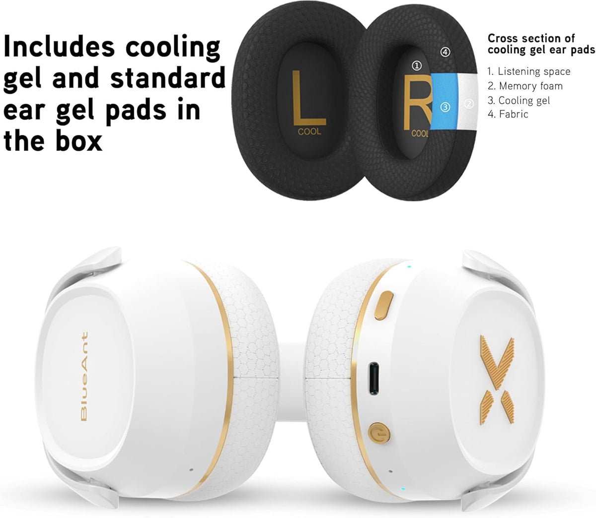 BlueAnt Pump X - The Gym Headphones | Sports Headphones | Cushioned & Cooling Ear Pads | (ANC) Active Noise Cancelling/Advanced Transparency | Wireless | Up to 58hr Play Time (Black | Gold)
