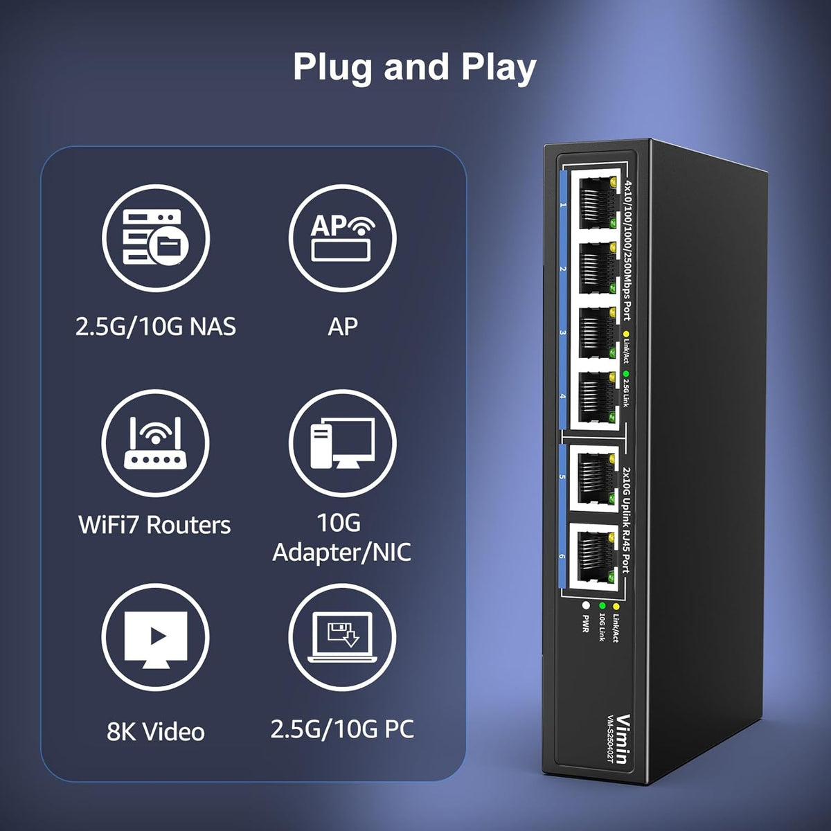 6-Port 10G/2.5G Ethernet Switch with Dual 10GBASE-T, Vimin 4X 2.5G +2 x 10Gb RJ45 Ports Unmanaged Switch, 60Gbps Capacity, 10G Switch Desktop/Wall Mount Network Switch for NAS, PC, Wireless AP