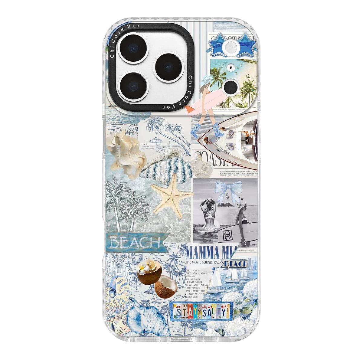 Chicasever For Iphone 17 Pro Case, Blue Tropical Beach Collage Pattern, Fun Soft Slim Tpu Compatible With Magsafe & Military-Gra