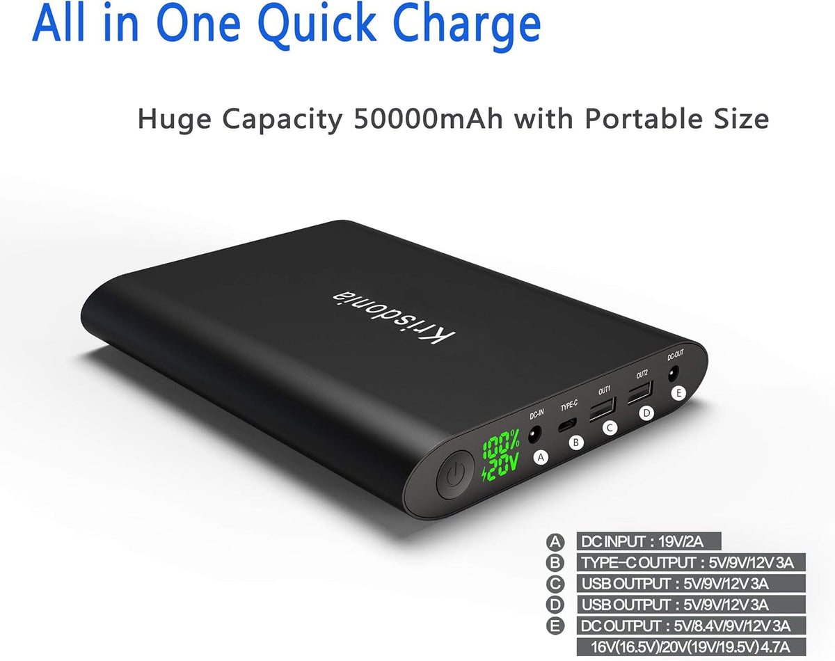 Krisdonia 50000mAh Laptop Power Bank 5/9/12/16/19/20V Portable Laptop Battery Charger with QC3.0 USB-A Port & 12V Type-C Port for Laptop, Tablet, Smartphone and More Devices